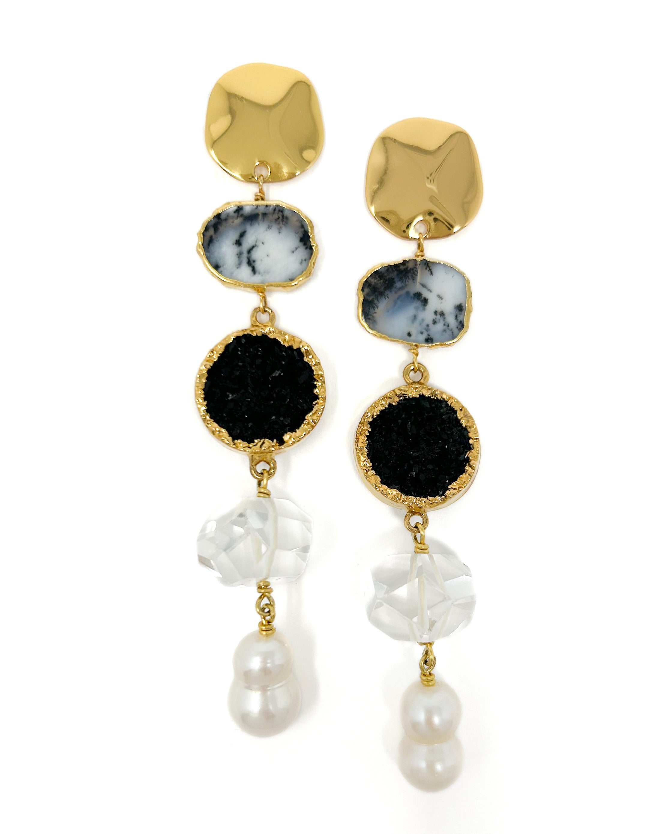 Agate, Druzy, Rock Crystal & Pearl Drop Statement Earrings