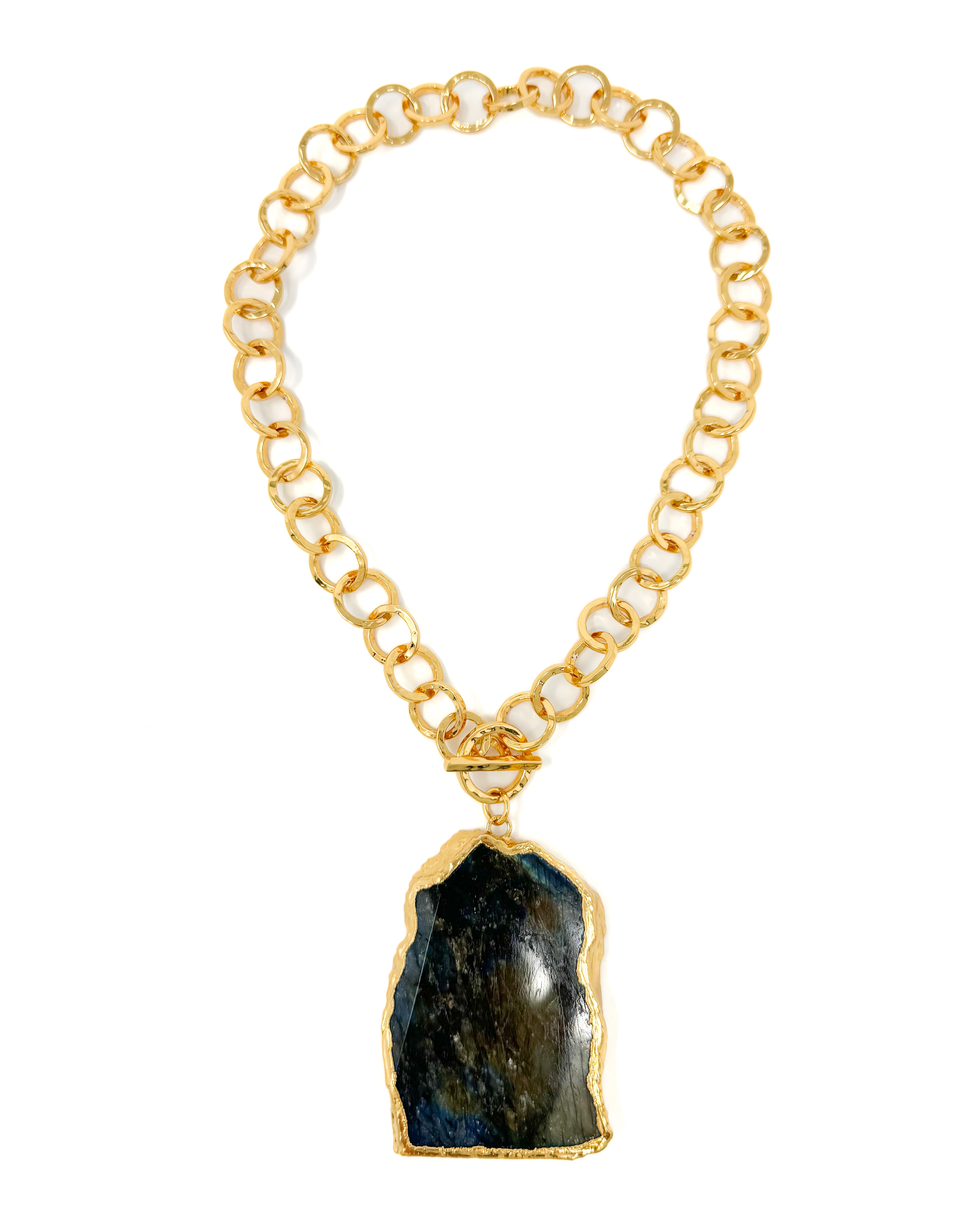Gold Trimmed Labradorite Pendant Toggle Necklace