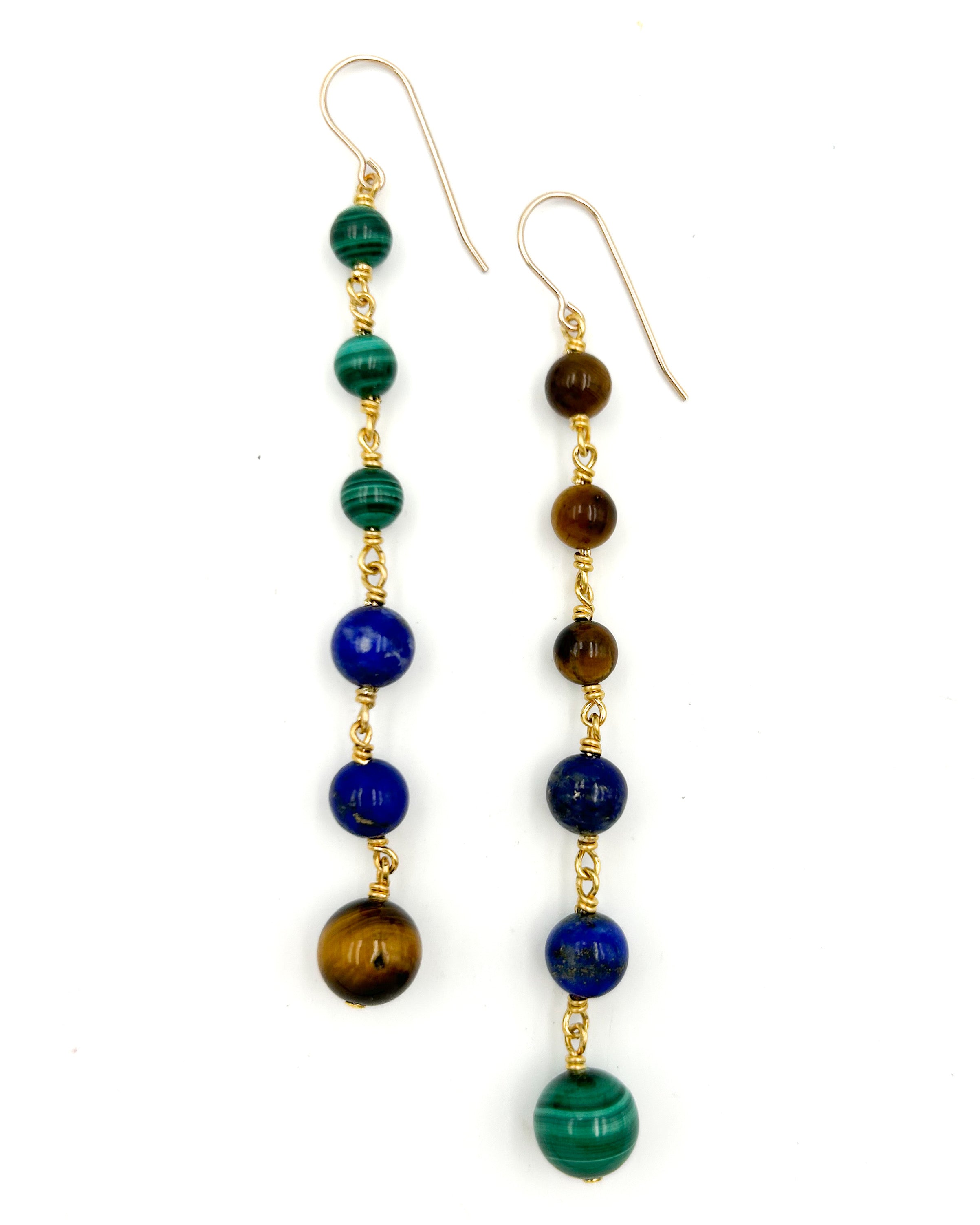 Lapis, Malachite & Tigers Eye Linear Drop Earrings