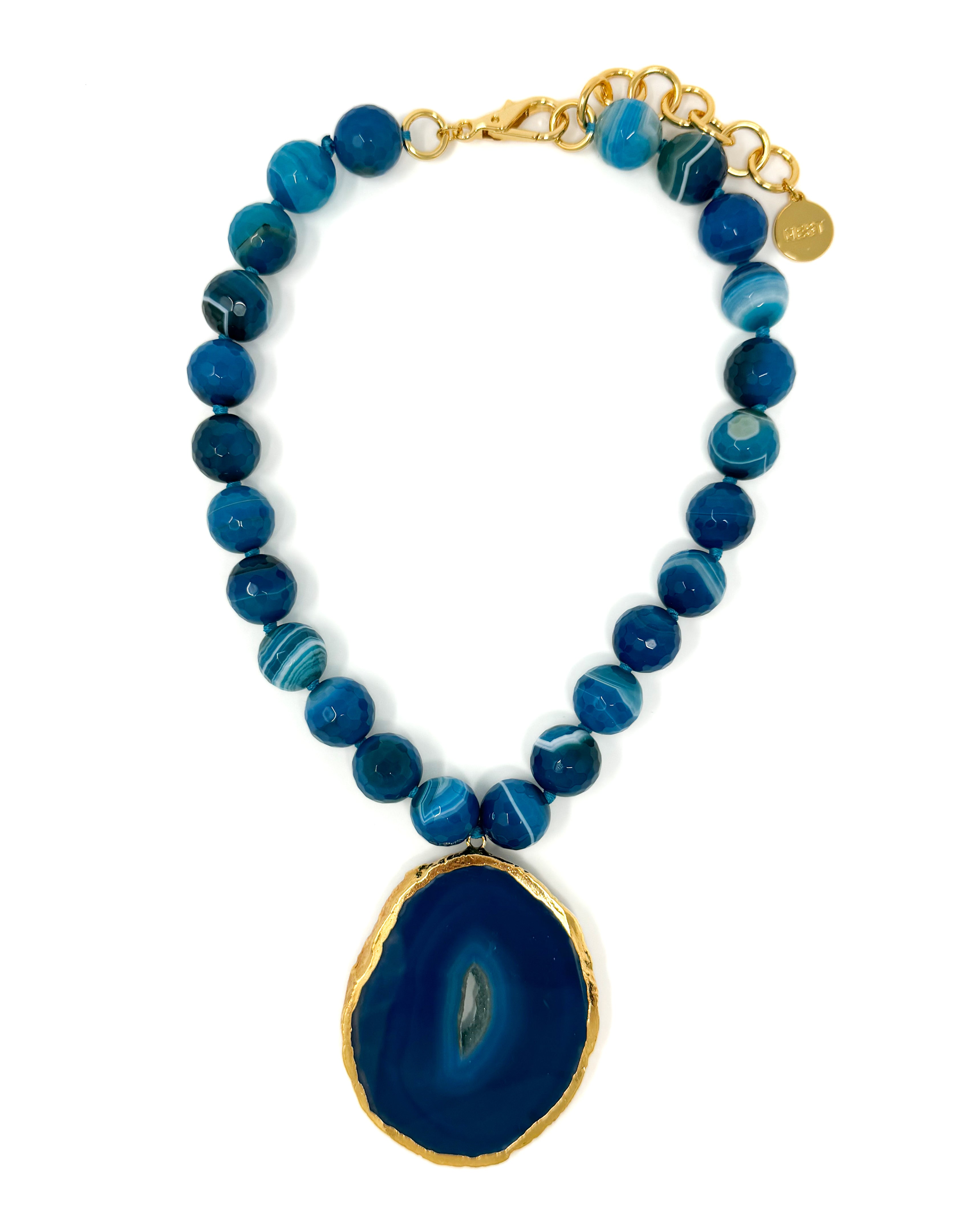 Gold Trimmed Blue Agate Beaded Statement Necklace