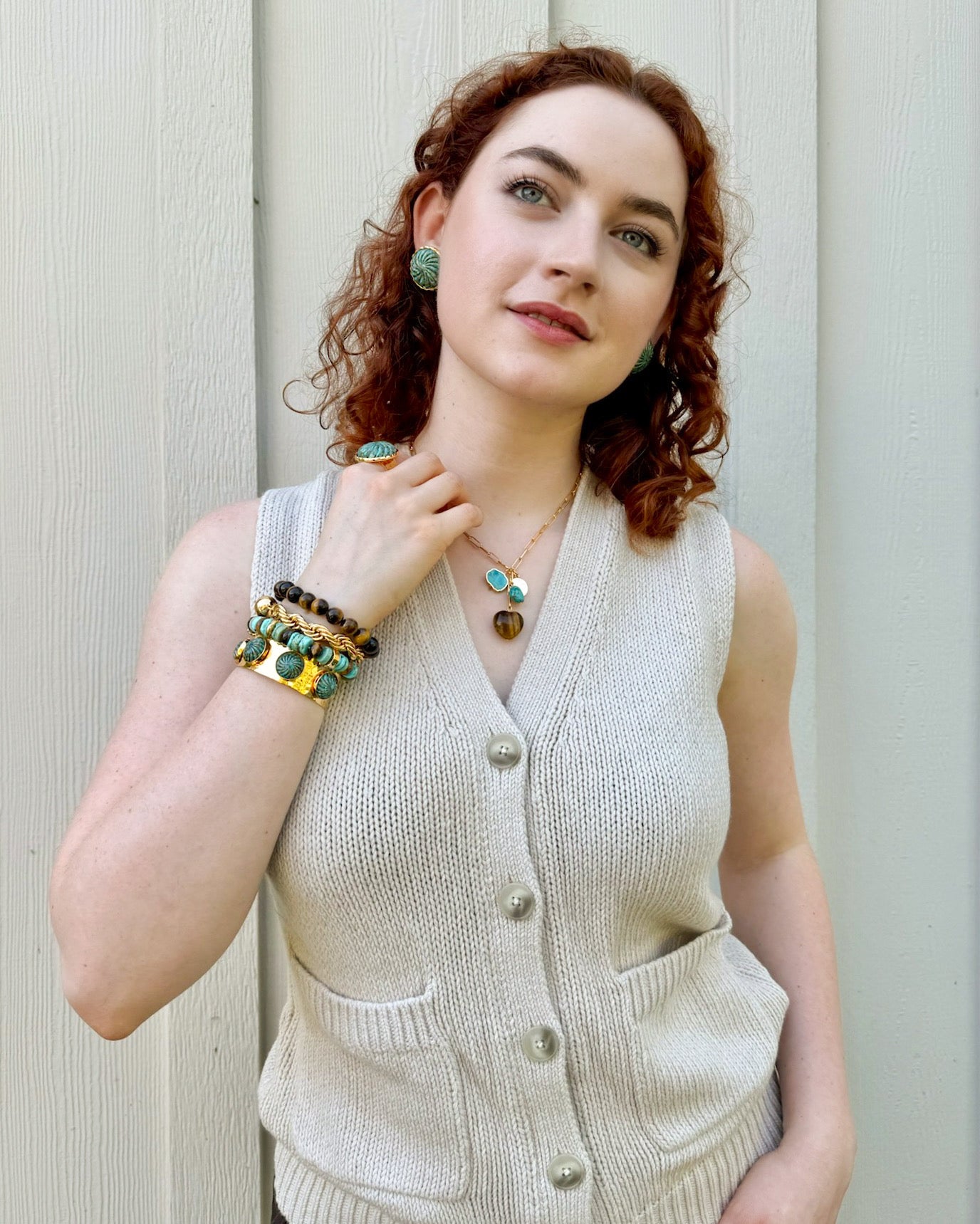 Tigers Eye and Turquoise Heart Charm Necklace