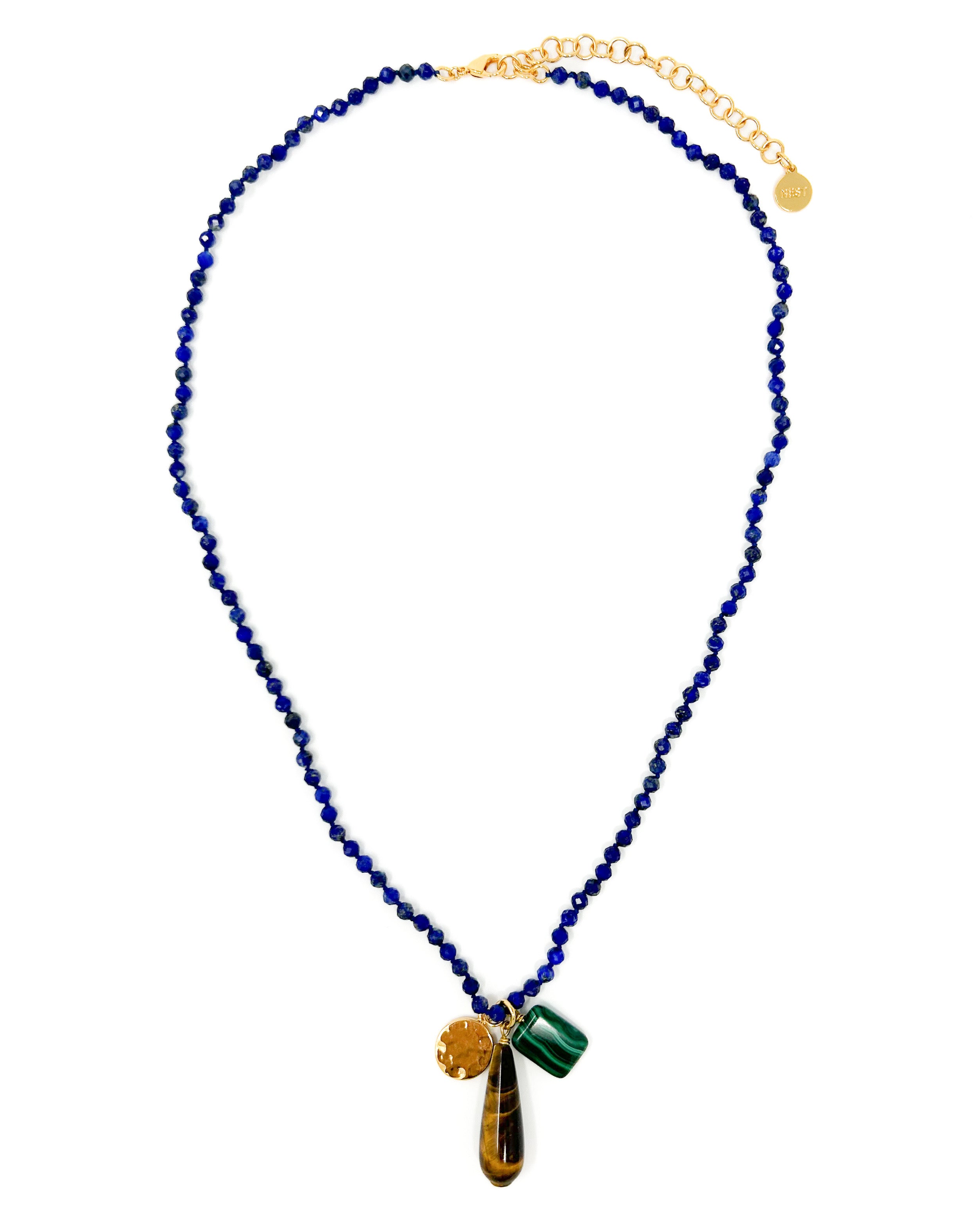 Lapis Beaded Necklace w/ Tigers Eye & Malachite Charms