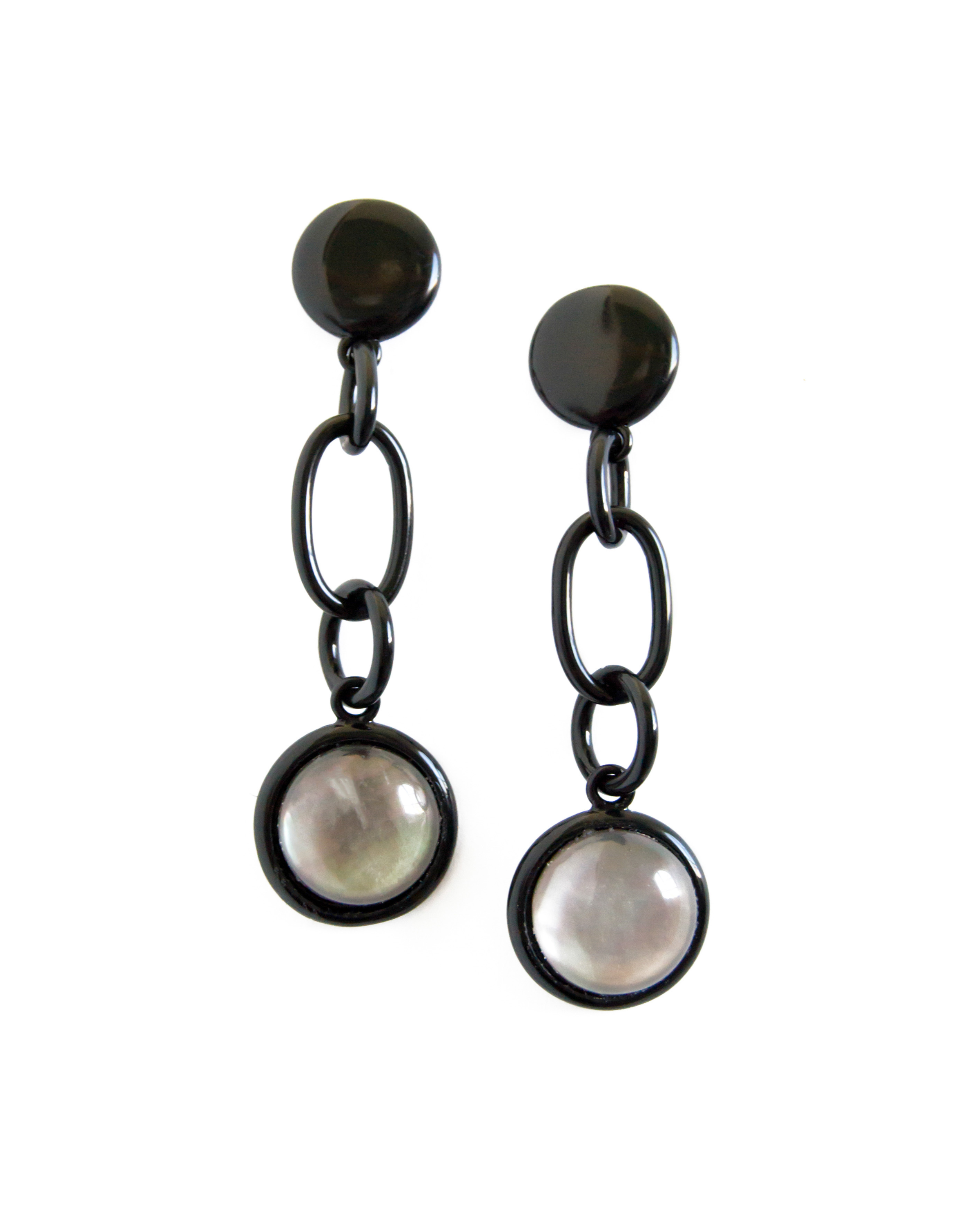 Black Bezel Chain Grey Mother of Pearl Earrings