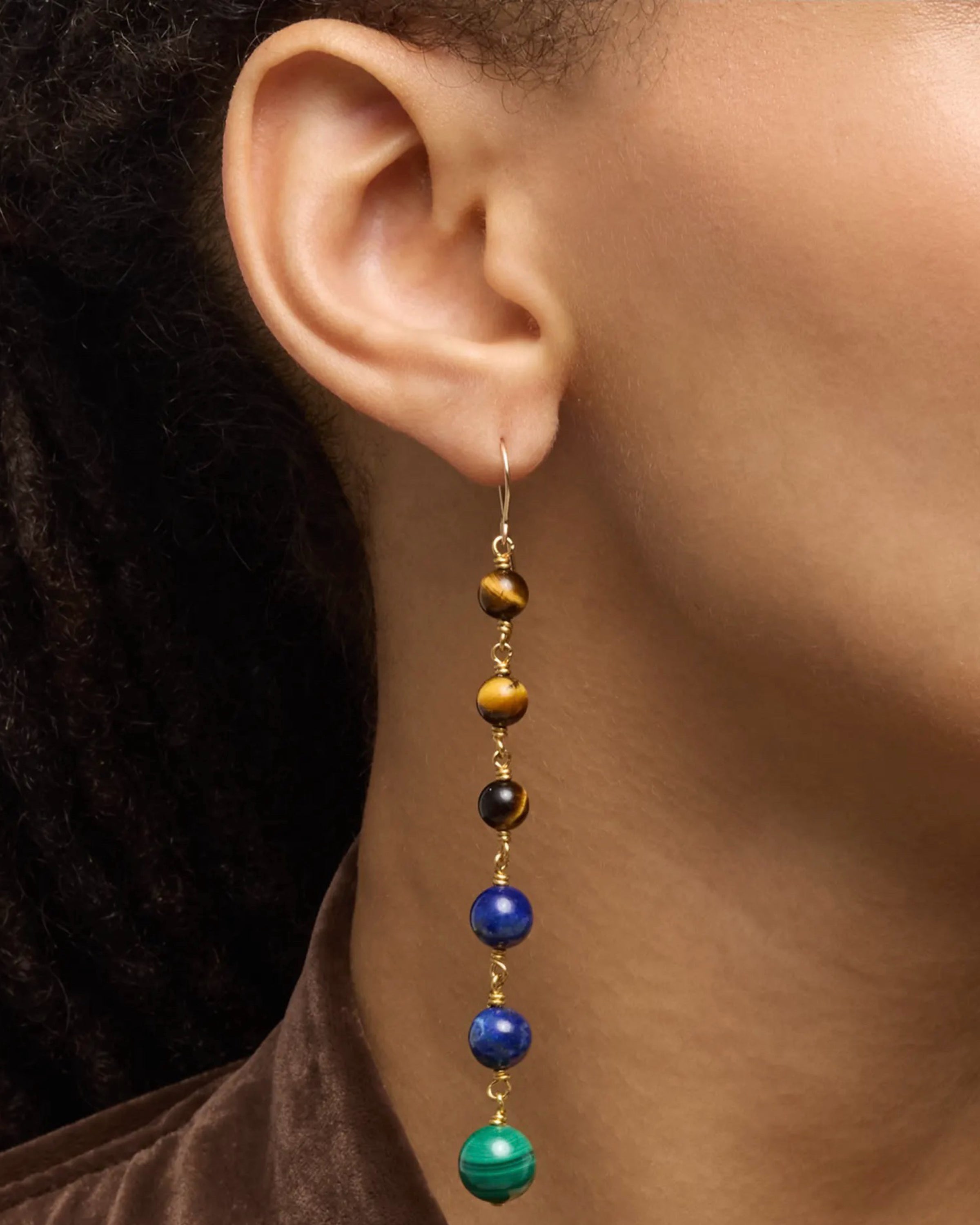 Lapis, Malachite & Tigers Eye Linear Drop Earrings