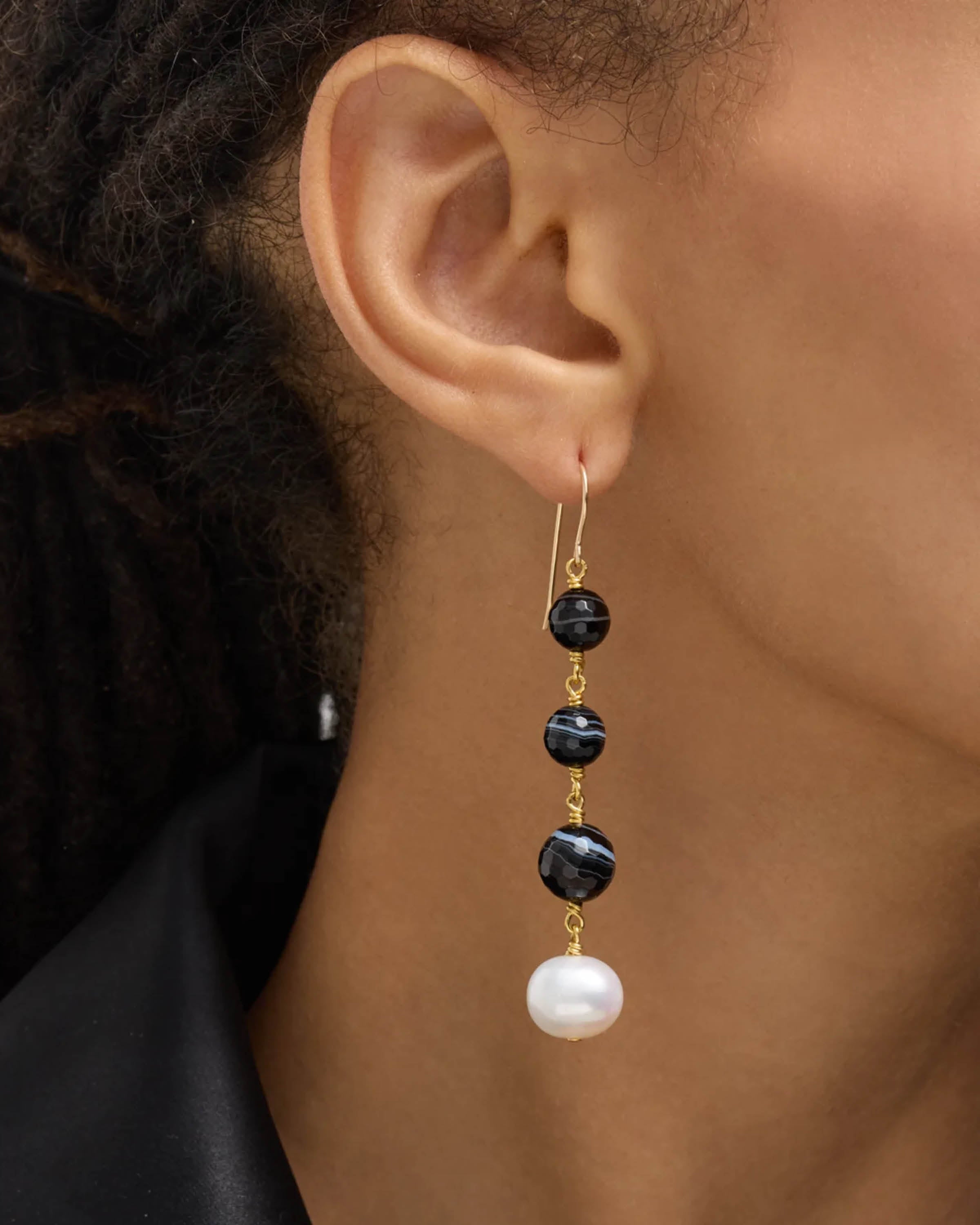 Black Agate & Pearl Drop Earrings