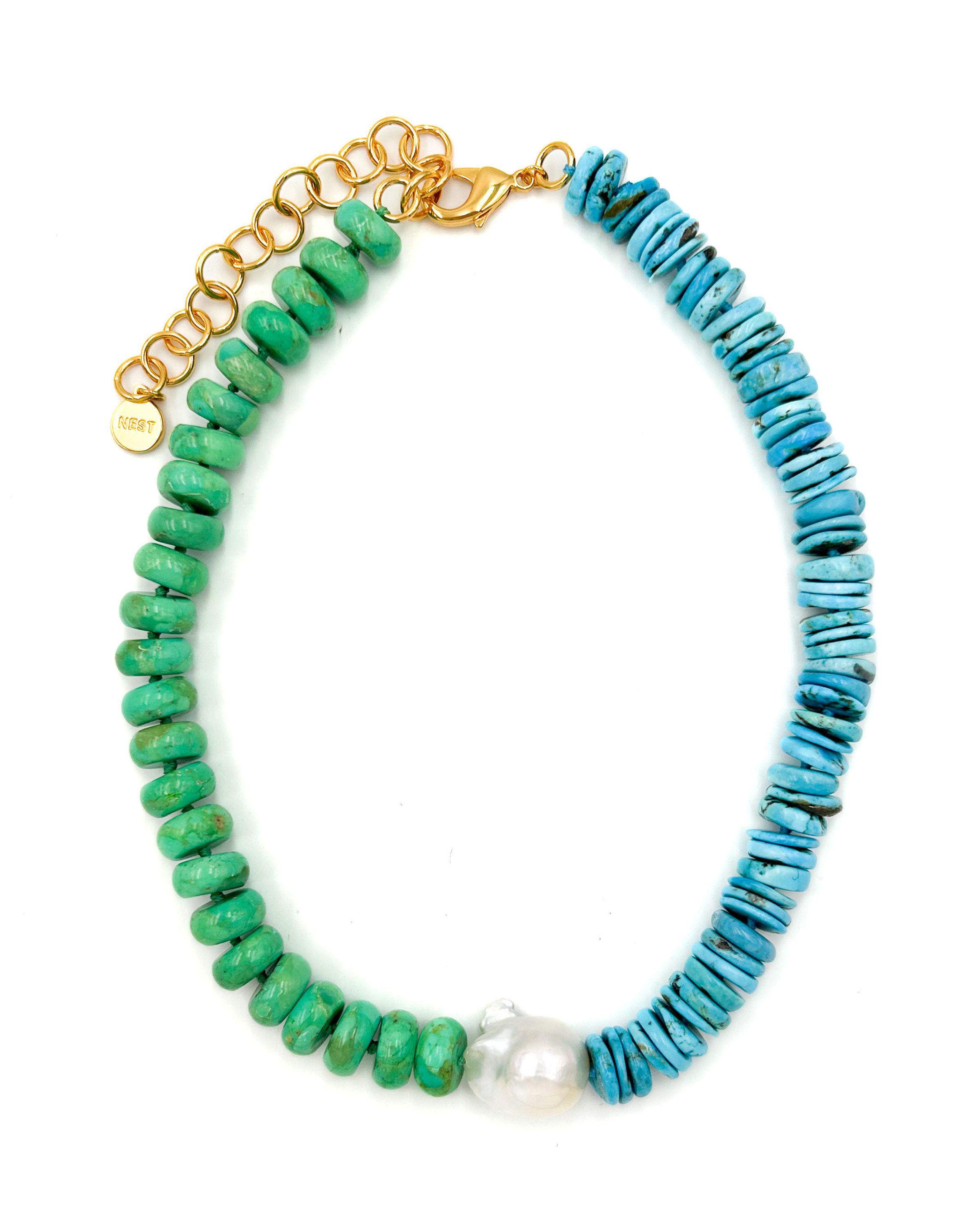 Green & Blue Color Block Necklace w/ Baroque Pearl