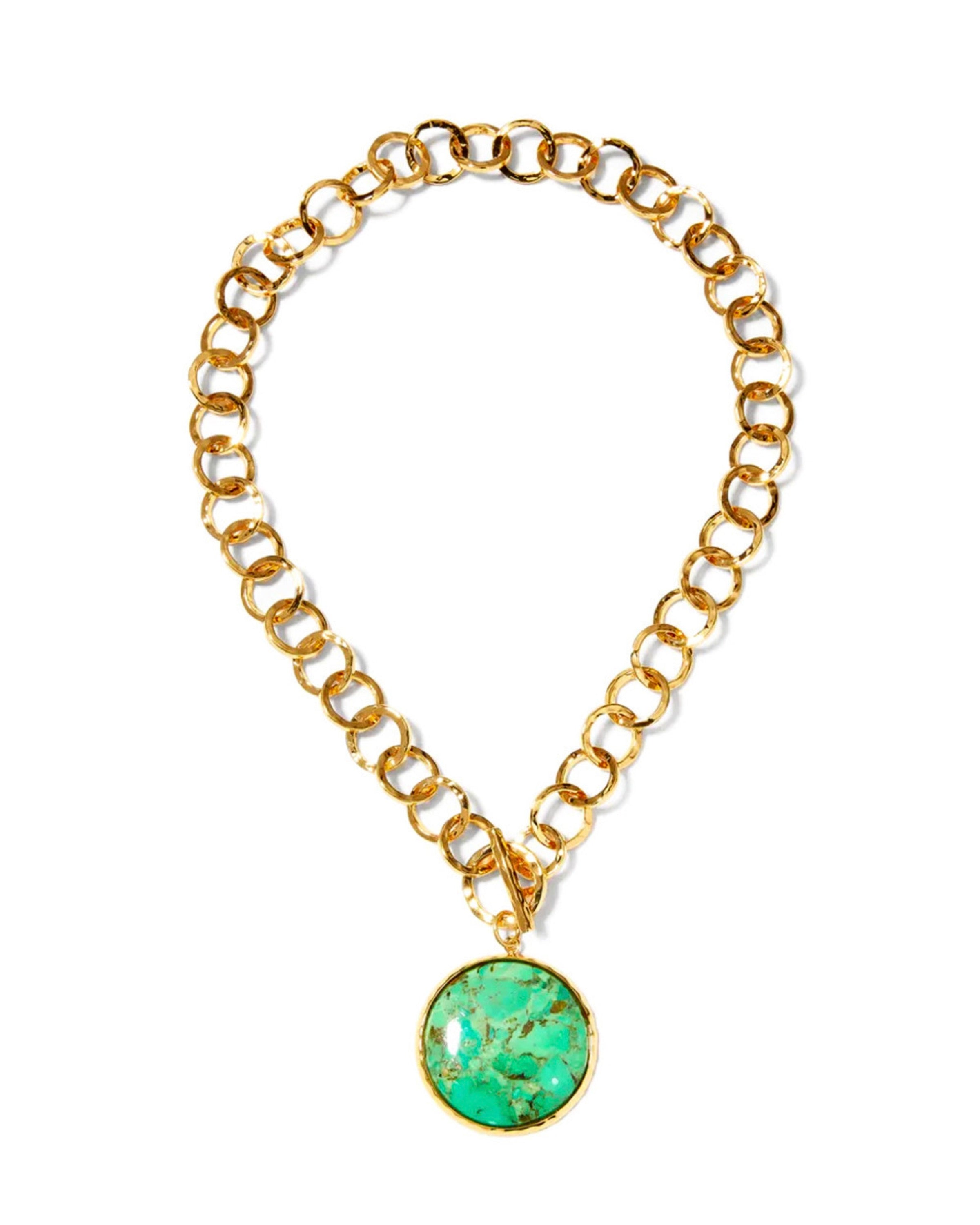 Hammered Gold Link Green Turquoise Bezel Necklace