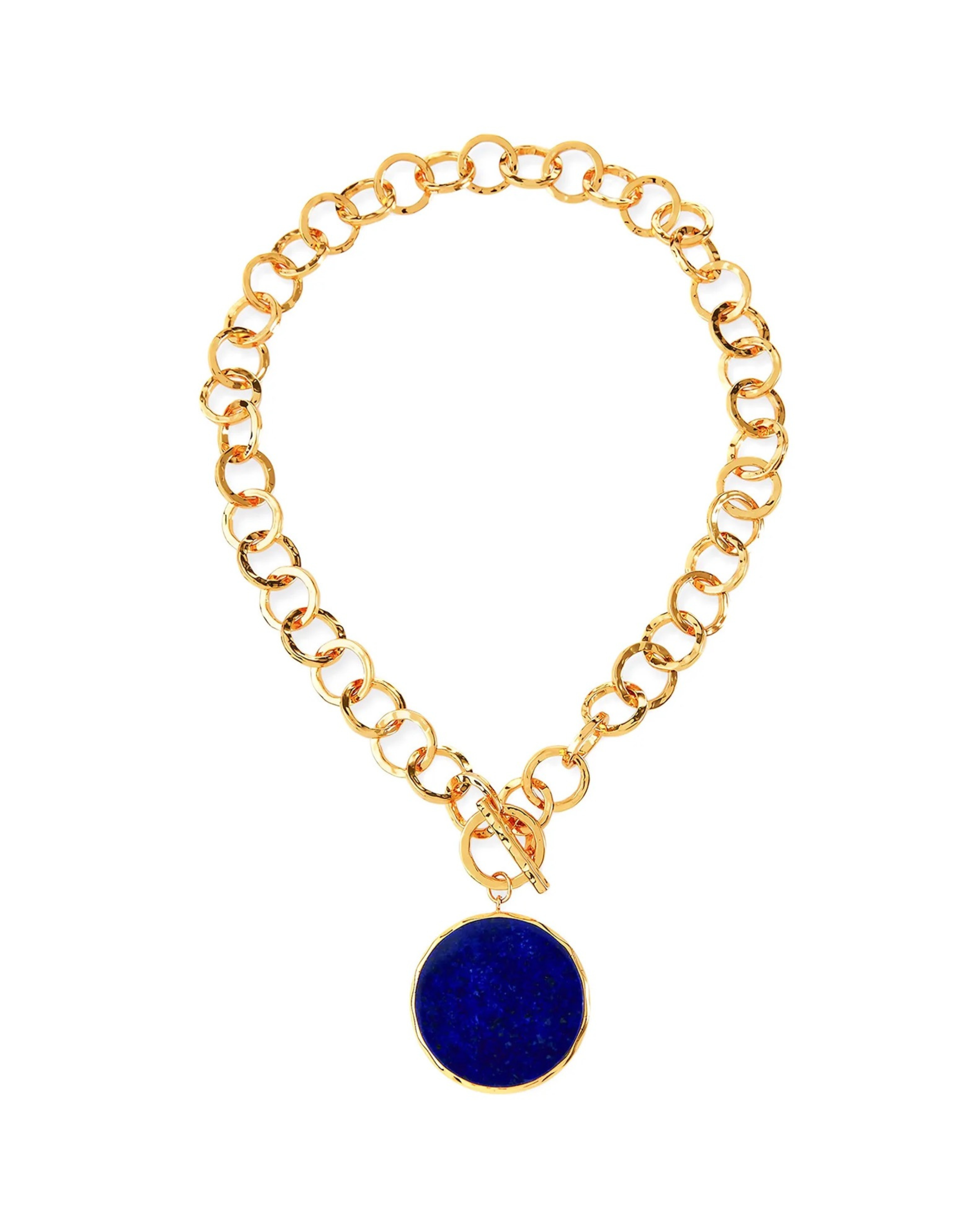 Hammered Gold Link Lapis Bezel Necklace