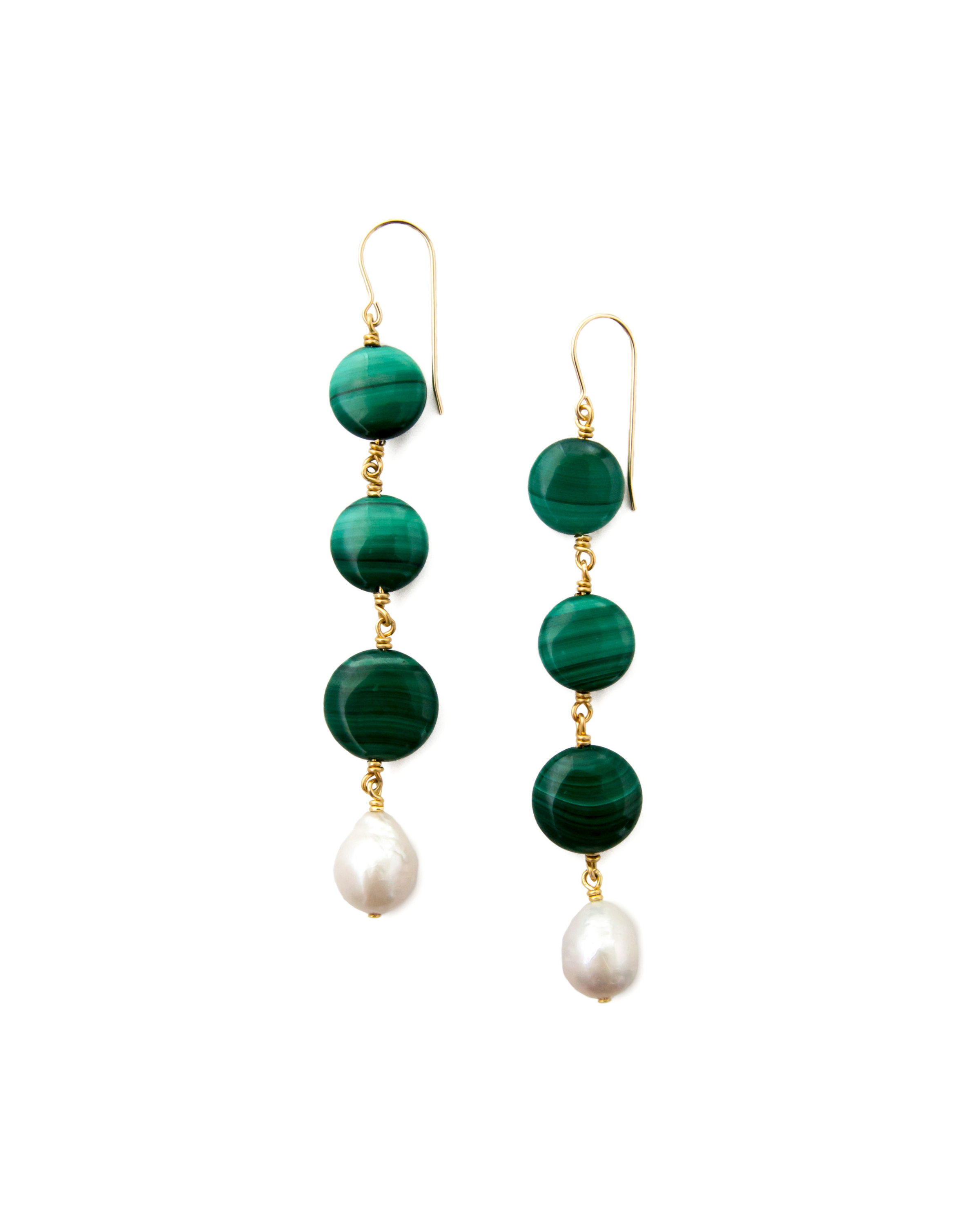 Malachite & Pearl Drop Linear Earrings