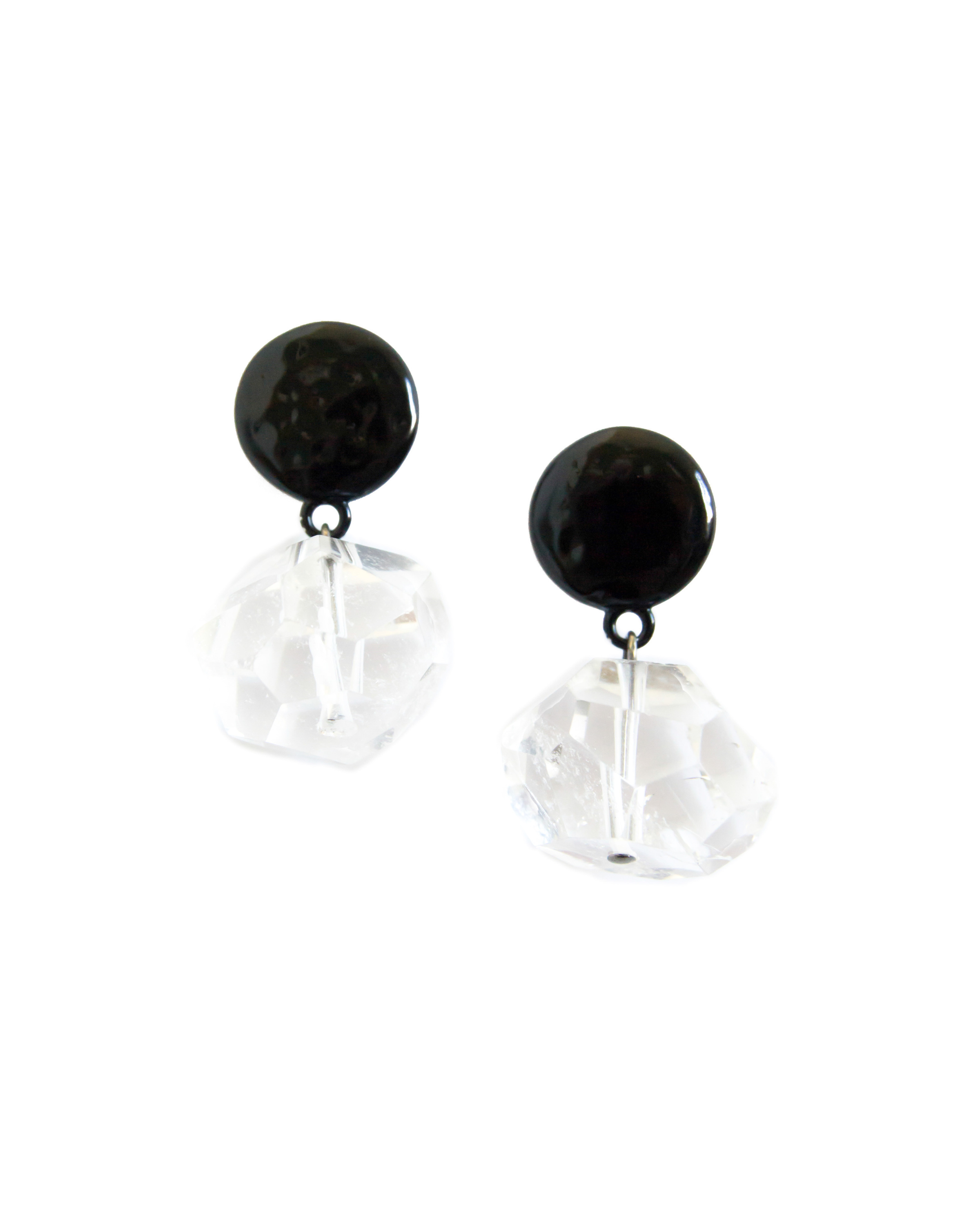 Rock Crystal Nugget Drop Black Top Earrings