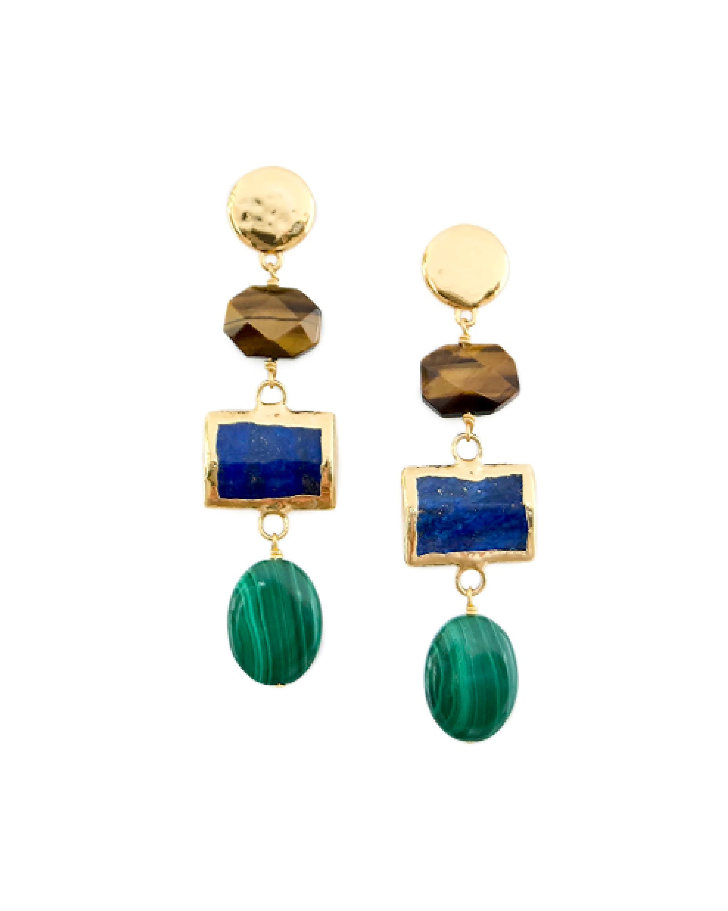 Tigers Eye, Lapis & Malachite Statement Earrings