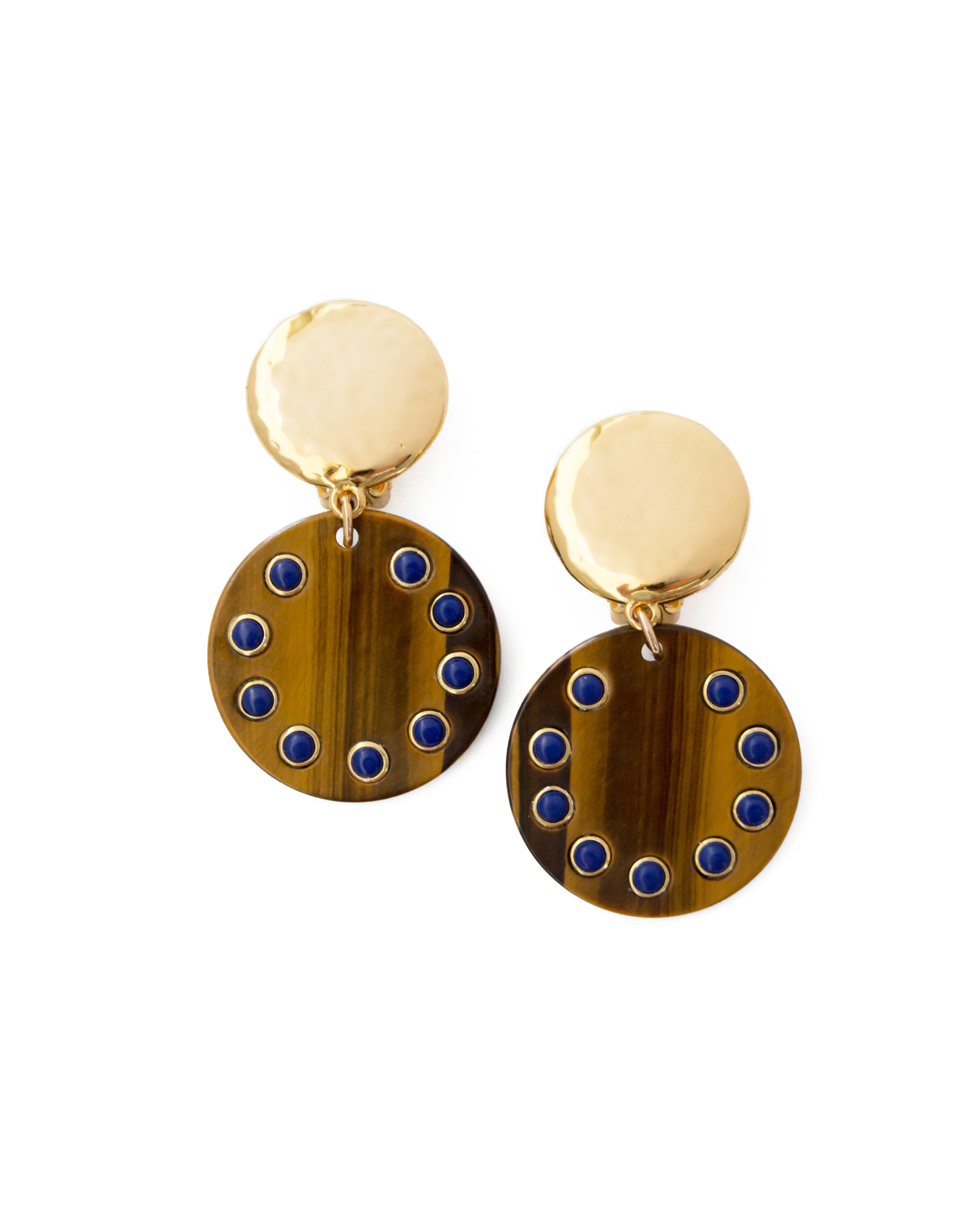 Tigers Eye w/ Studded Lapis Clip Back Earrings