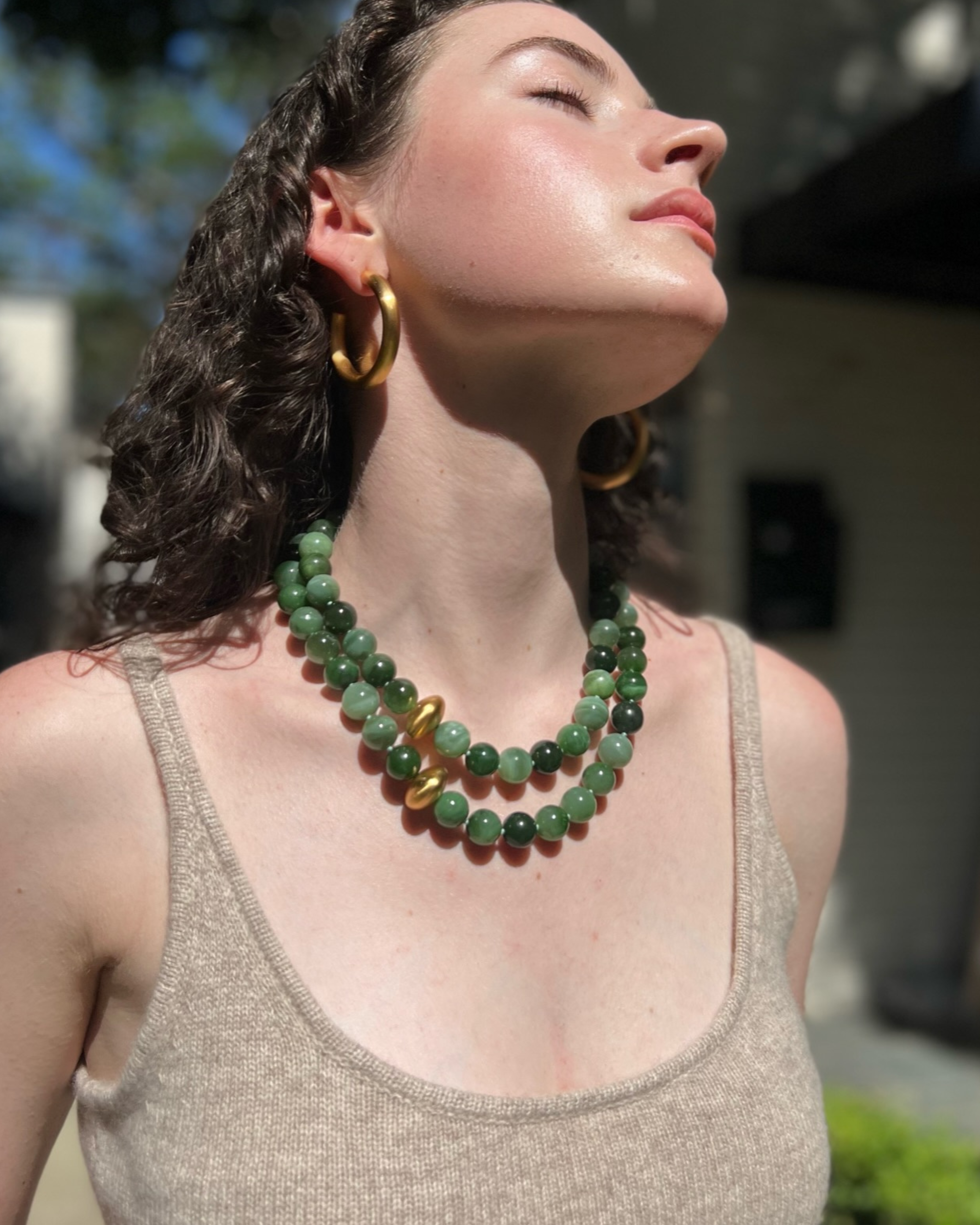 Jade with Brushed Gold Accent Double Strand Necklace