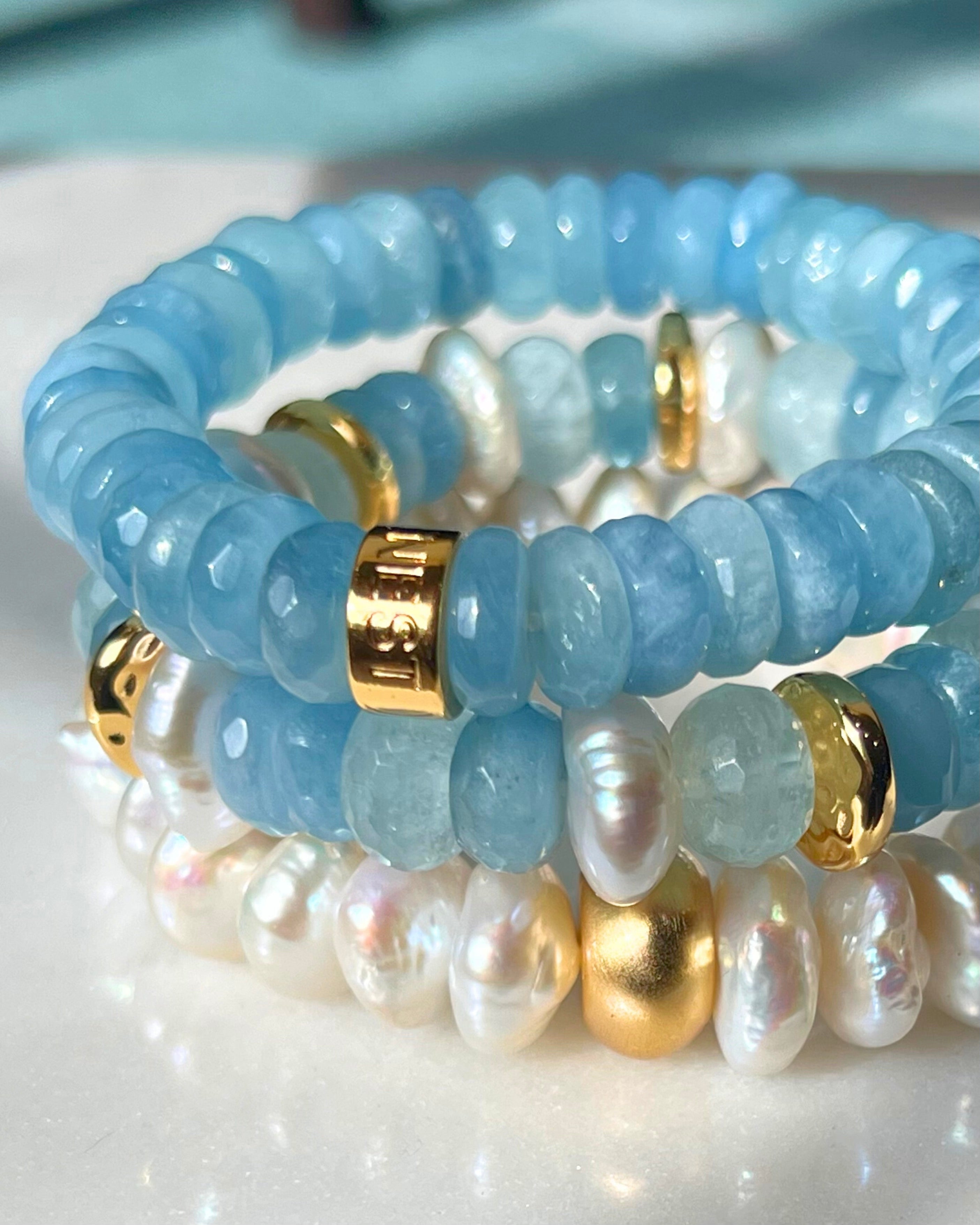 Aquamarine and Pearl Mix Stretch Bracelet