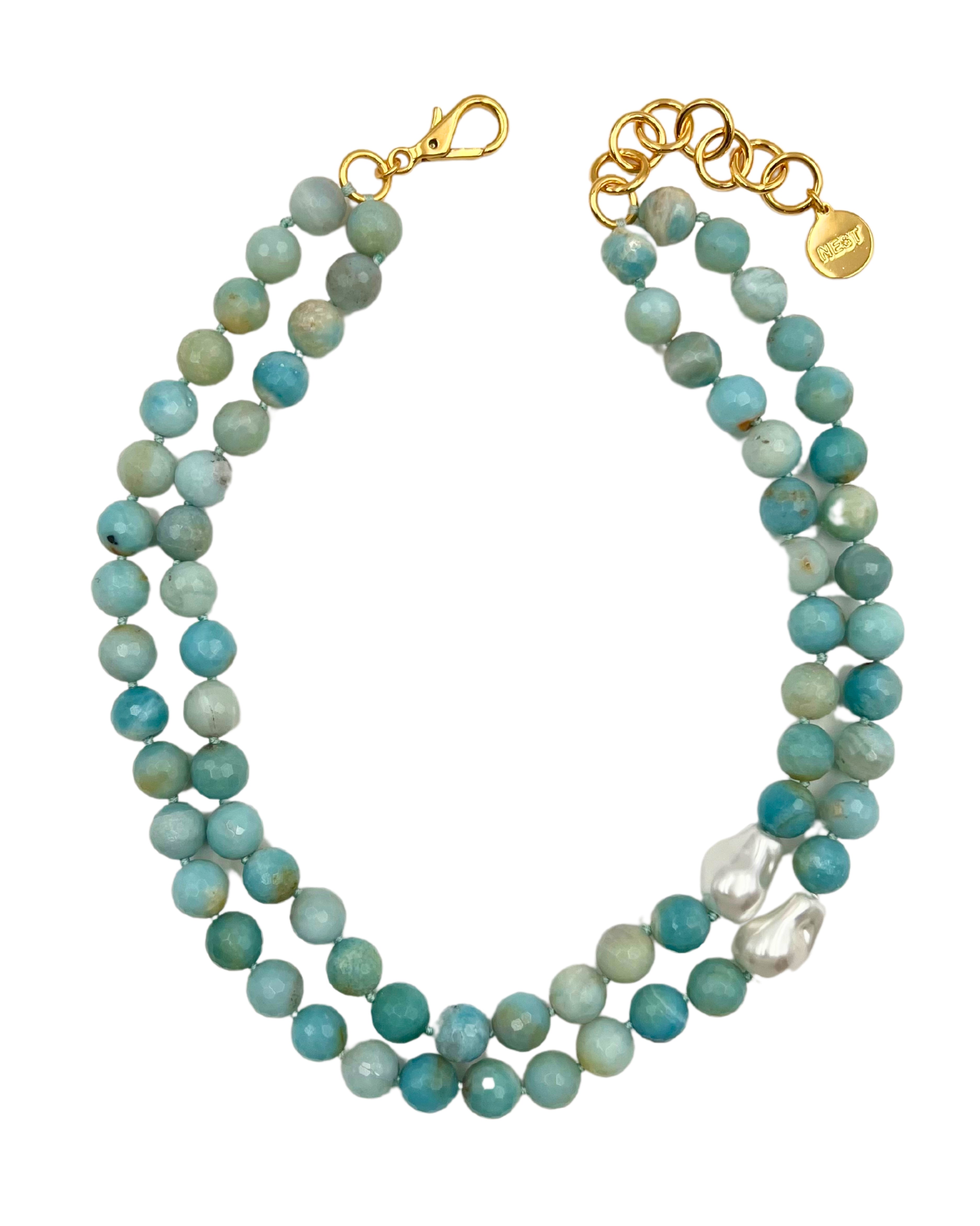 Amazonite and Mother of Pearl Double Stand Necklace