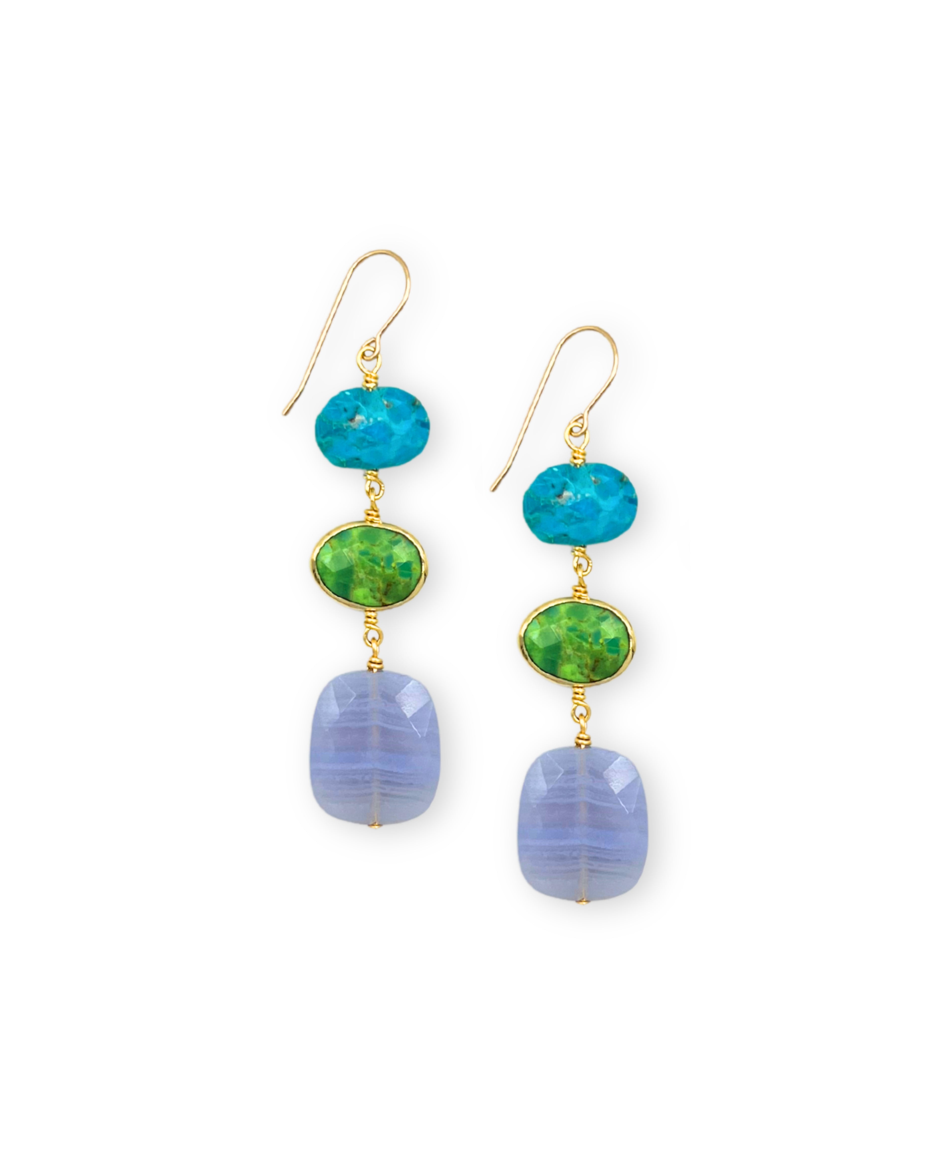 Turquoise and Lace Agate Triple Drop Earrings