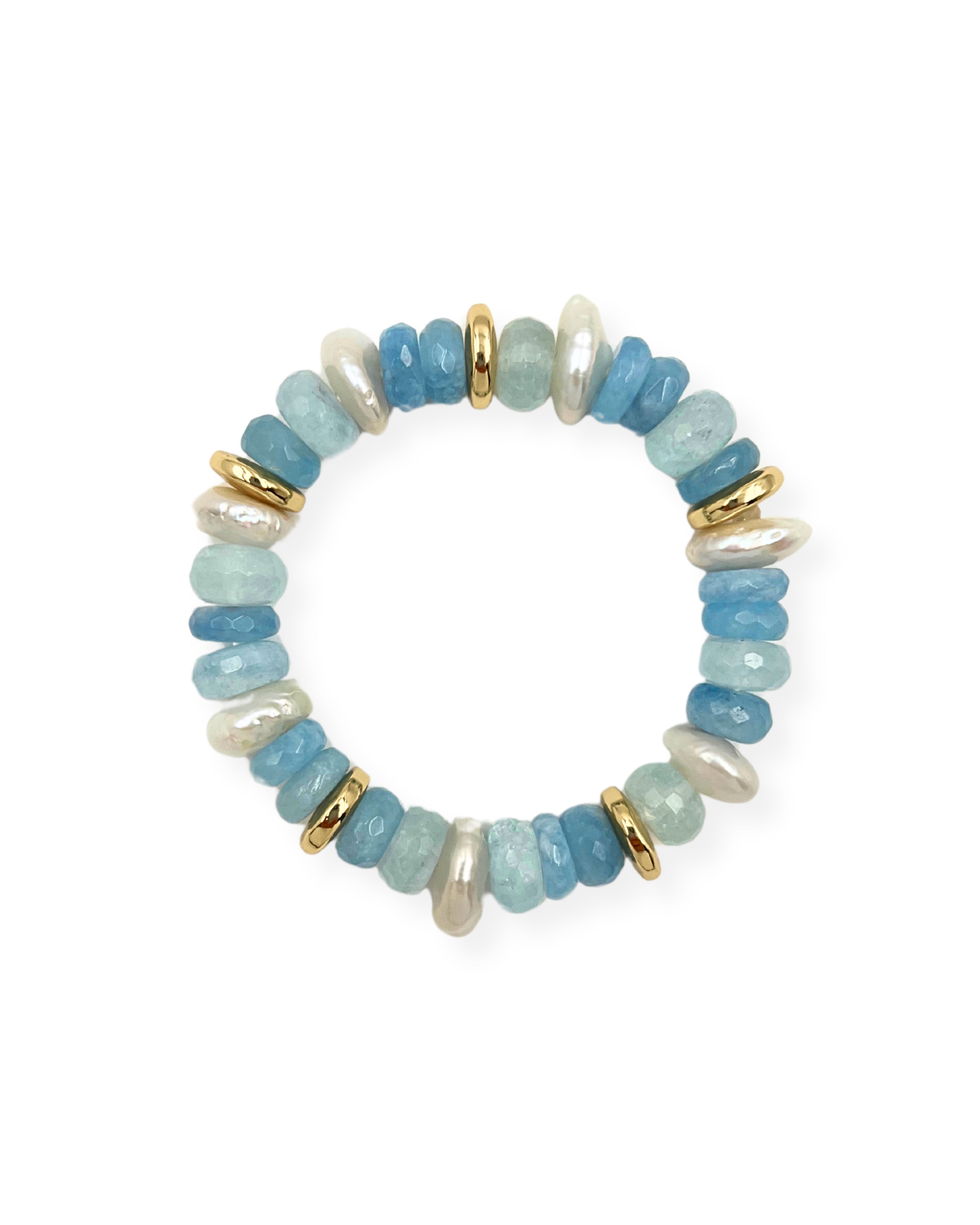Aquamarine and Pearl Mix Stretch Bracelet