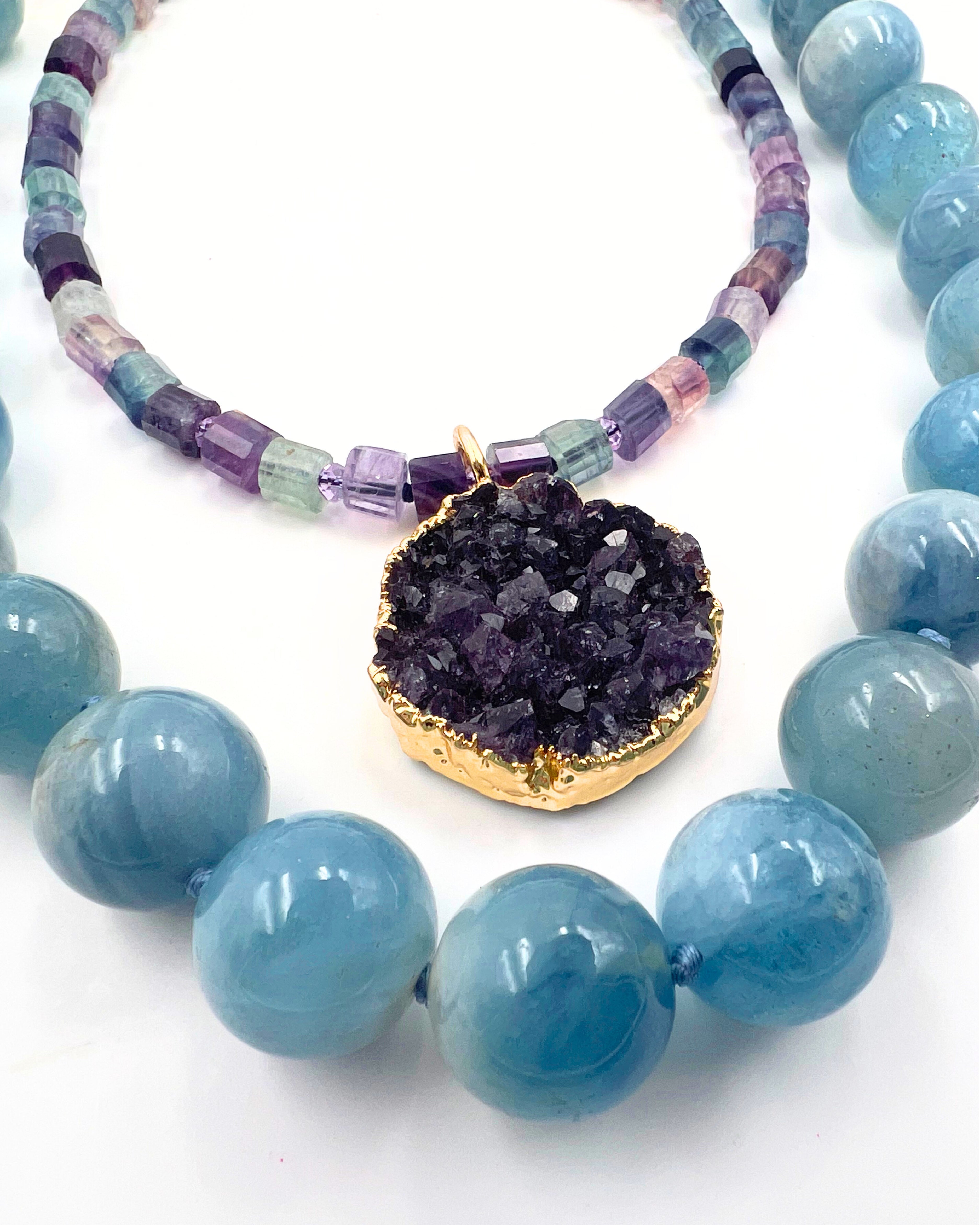 Fluorite and Druzy Amethyst Pendant Necklace