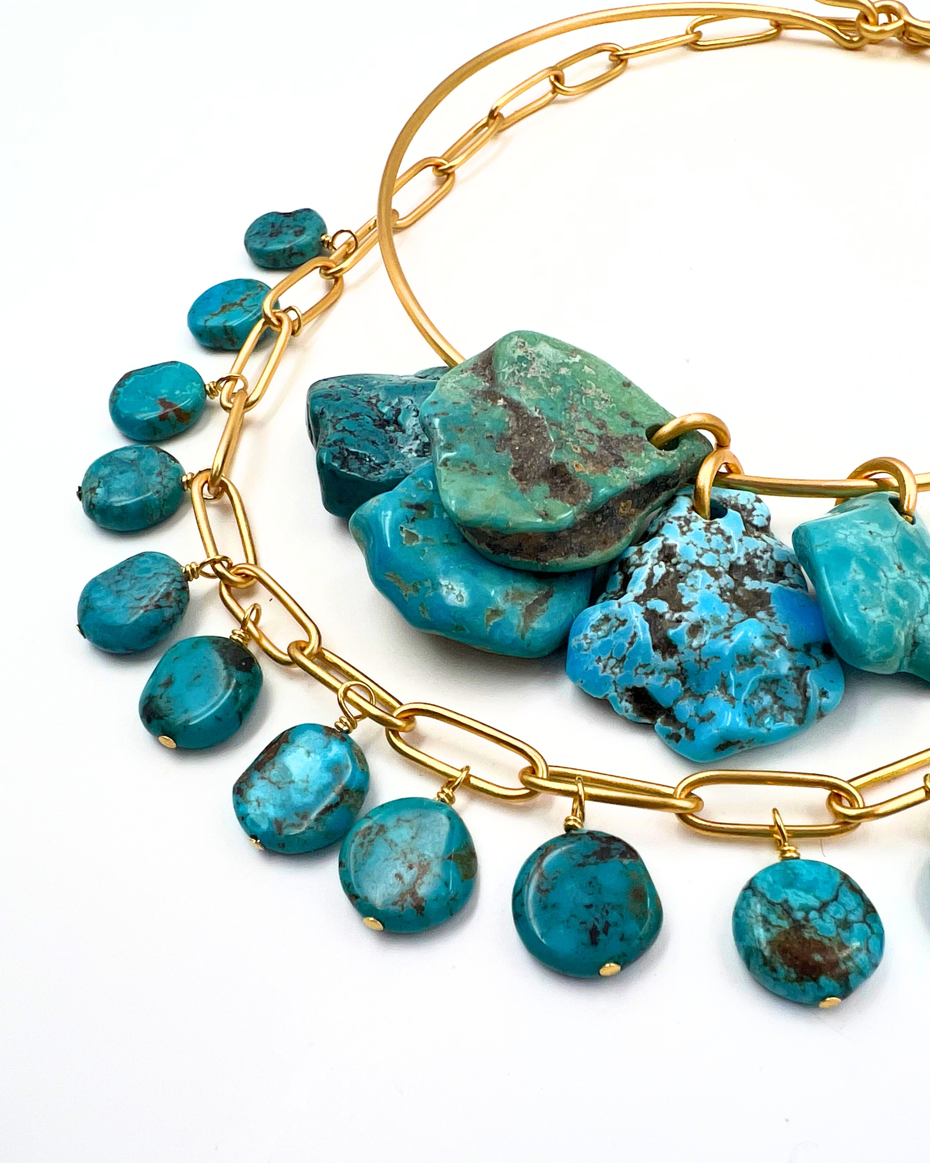Brushed Gold Turquoise Charm Necklace