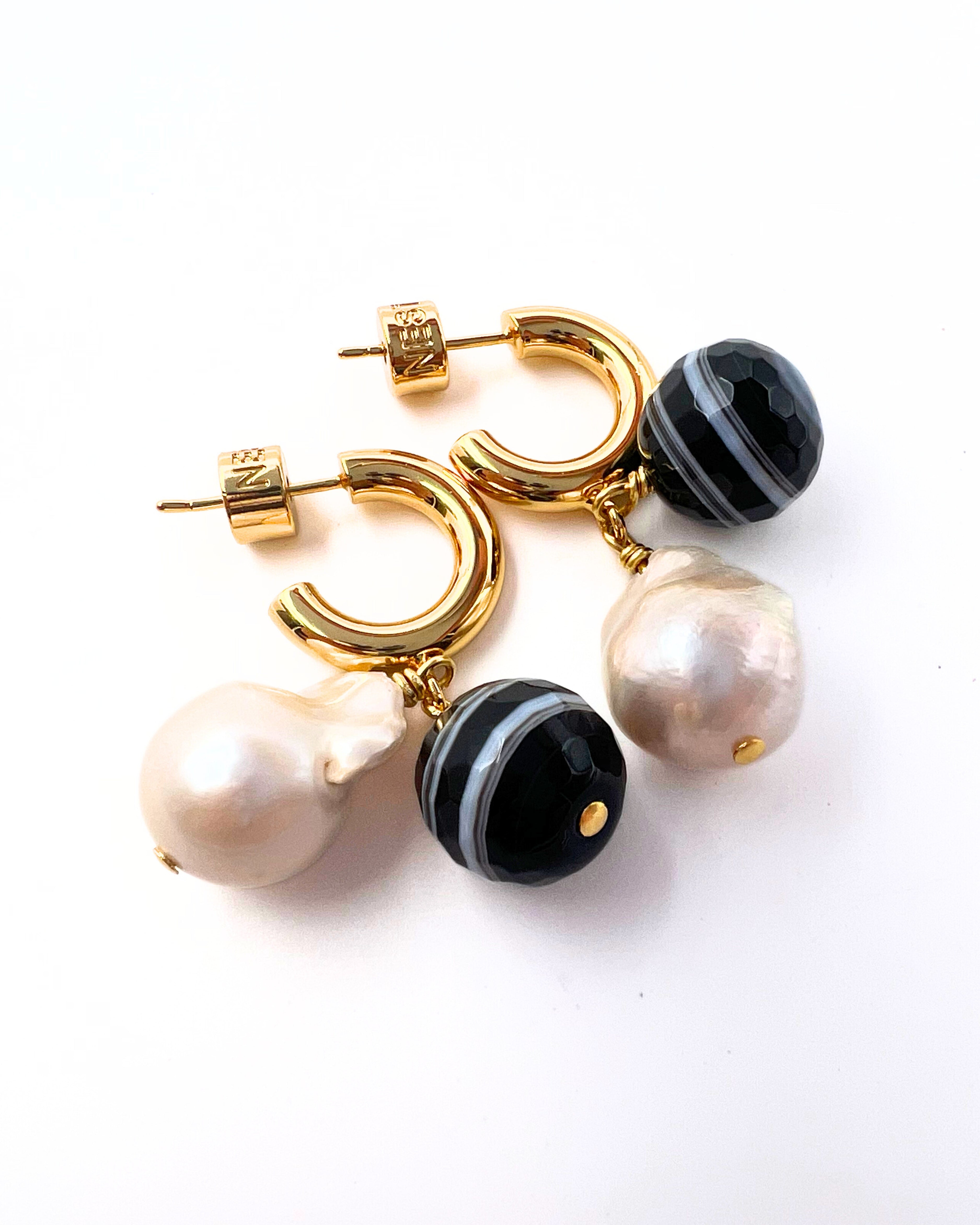 Black Agate and Pearl Huggie Hoop Earrings