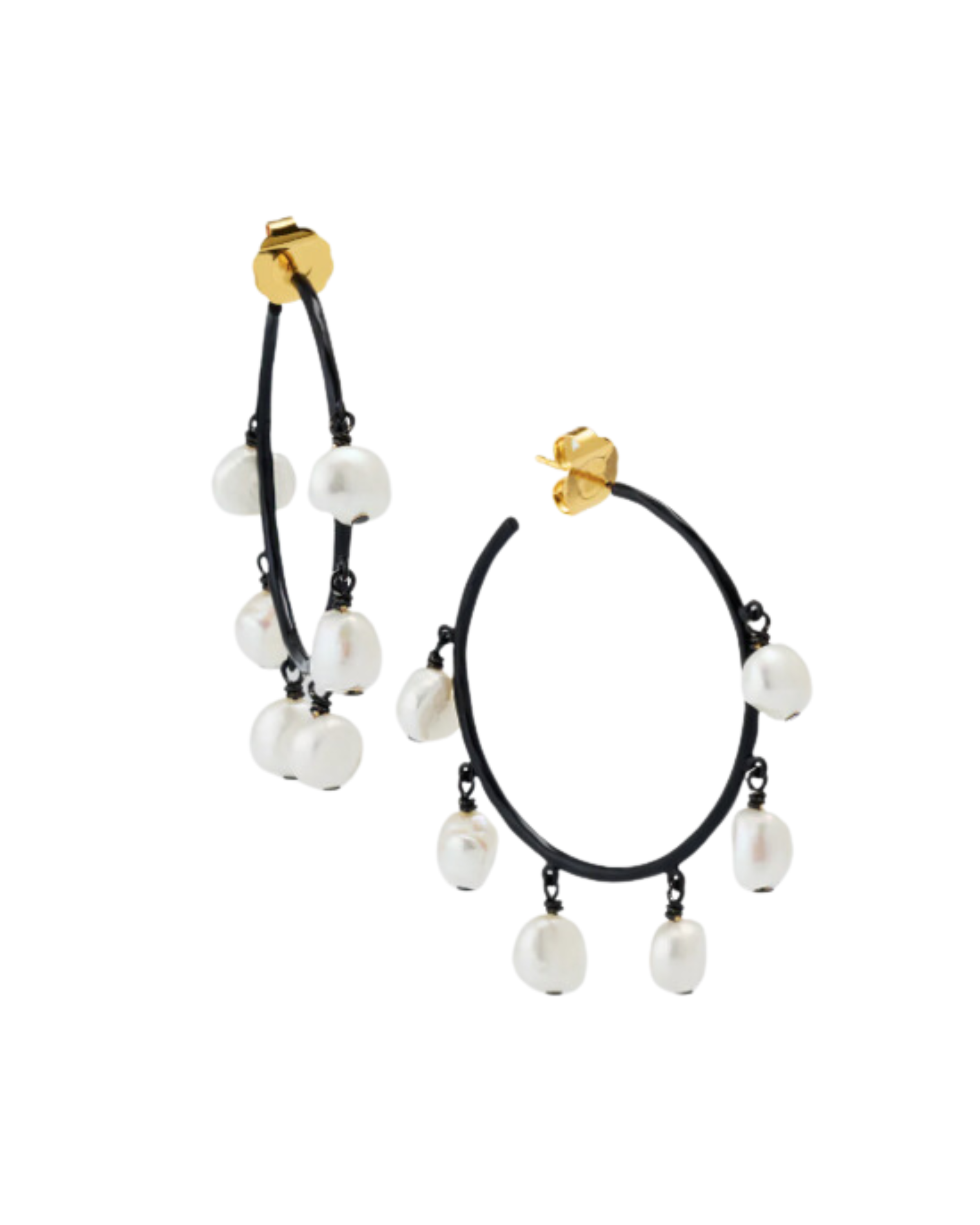 Black Skinny Hoop Earrings with Baroque Pearls