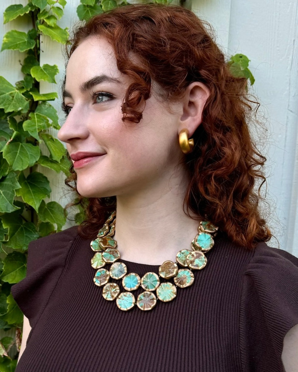 Wavy Turquoise Statement Necklace with Brushed Gold