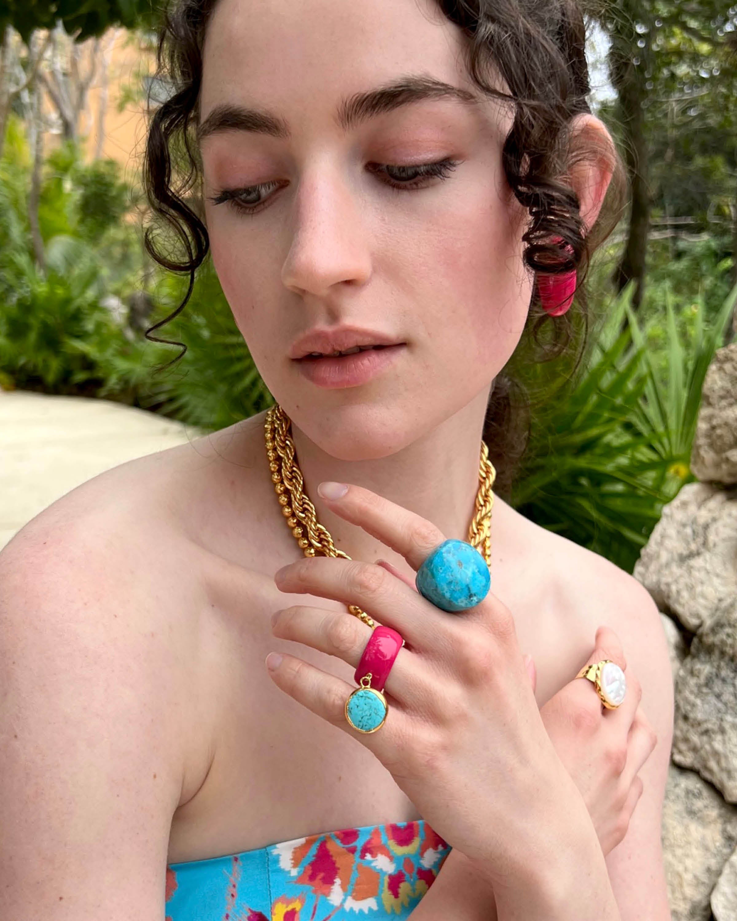 Pink Enamel Turquoise Charm Ring