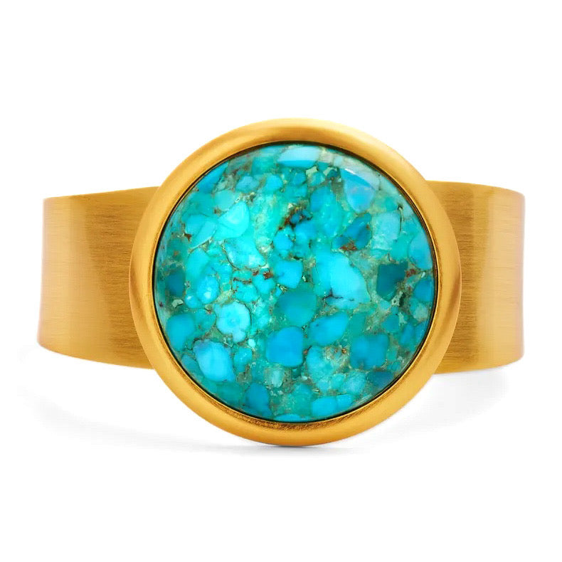 Brushed Gold Cuff w/ Turquoise Cabochon