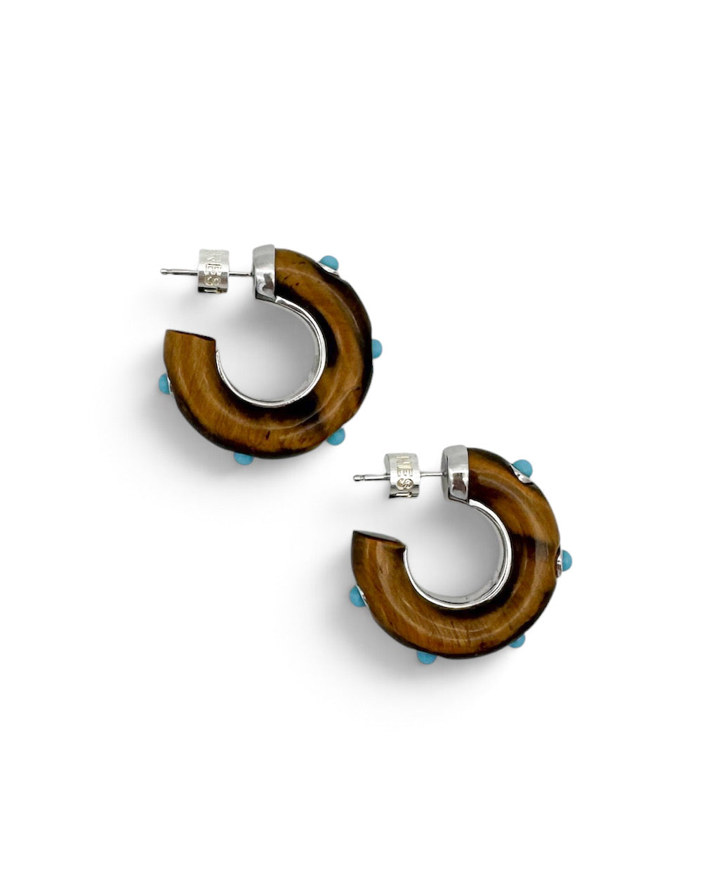 Silver Tigers Eye Turquoise Studded Hoops