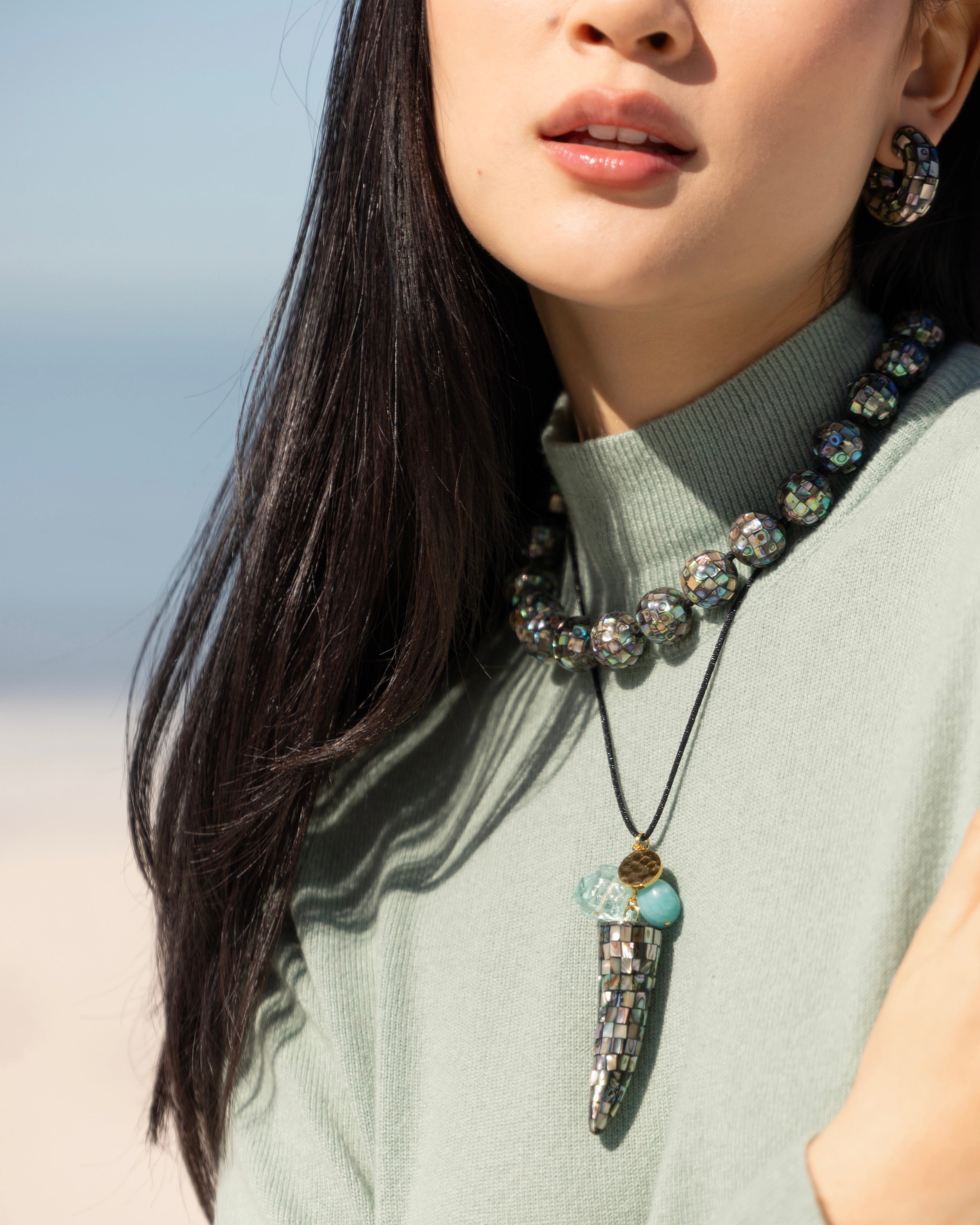 Abalone and Aqua Quartz Adjustable Cord Necklace