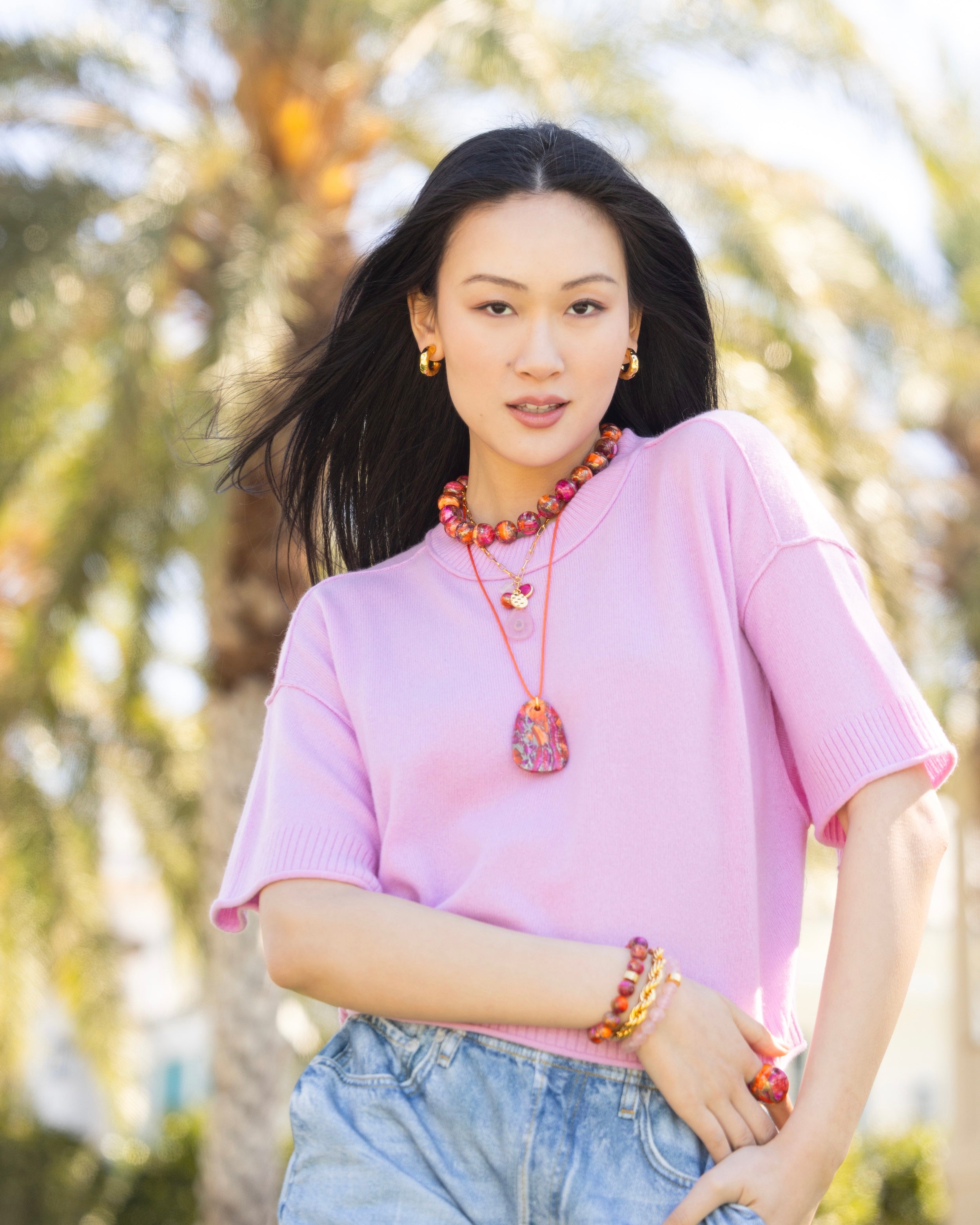 Magenta and Spiny Oyster Cord Necklace