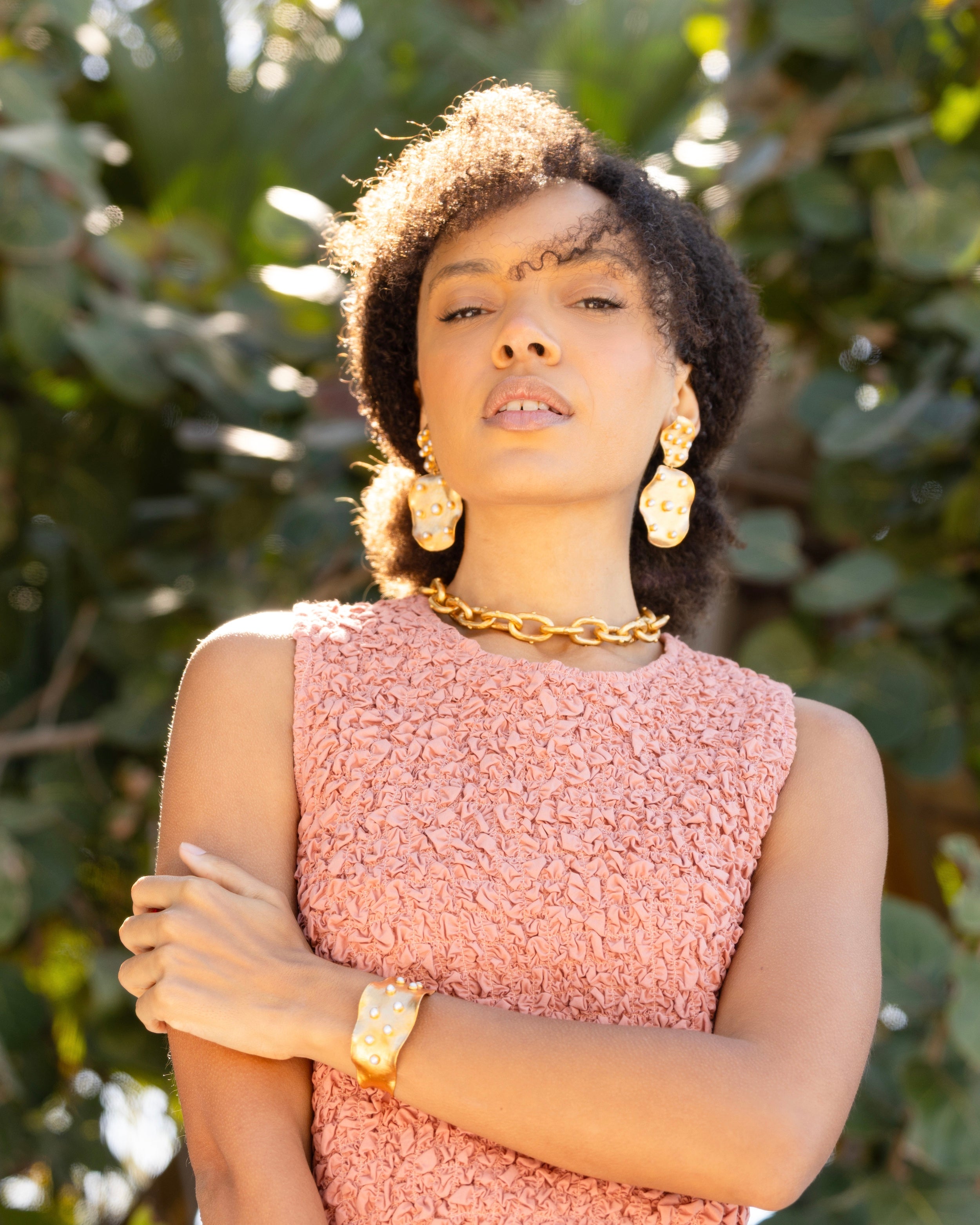 Satin Gold Pearl Studded Wavy Cuff