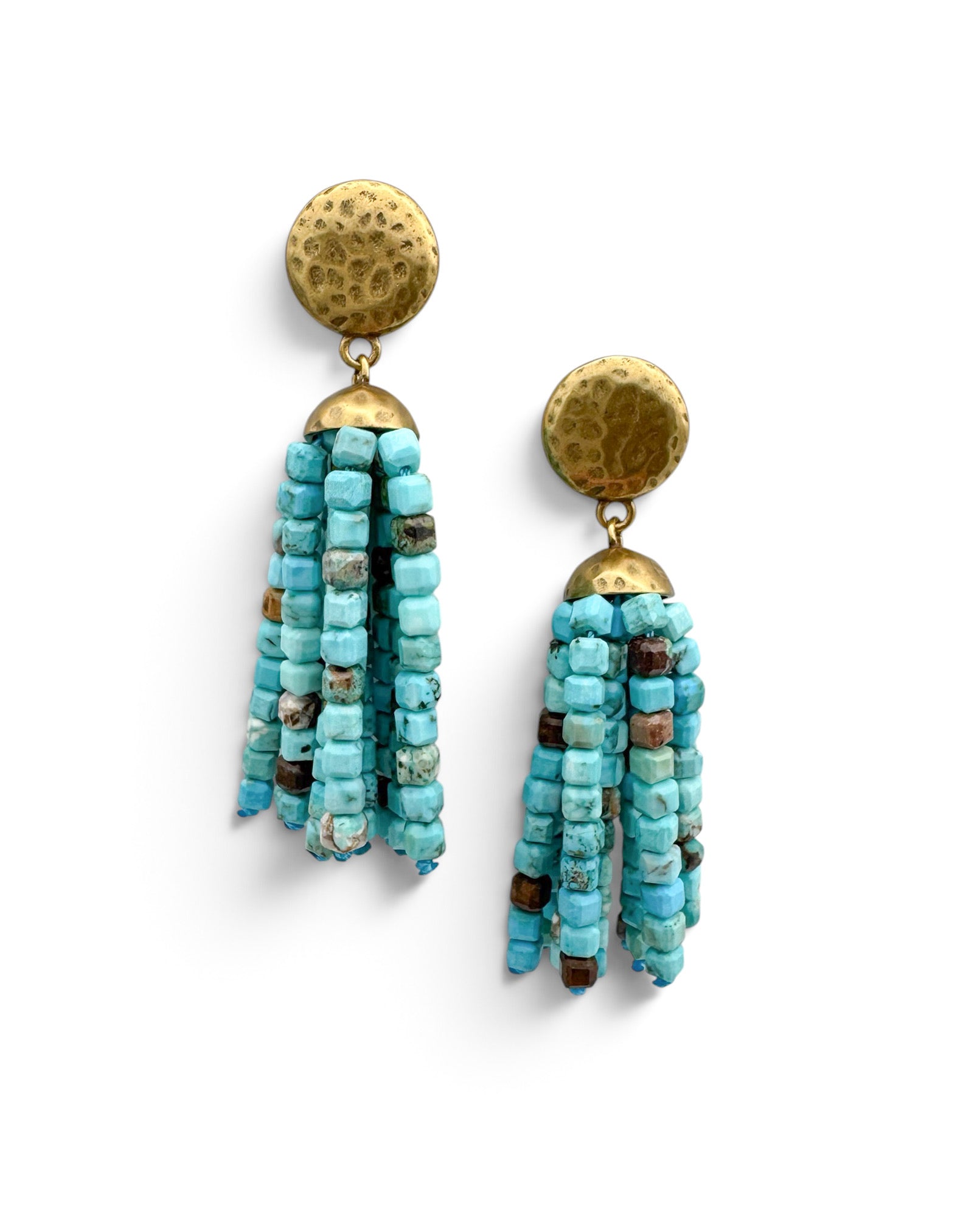 Hammered Brass Turquoise Tassel Earrings