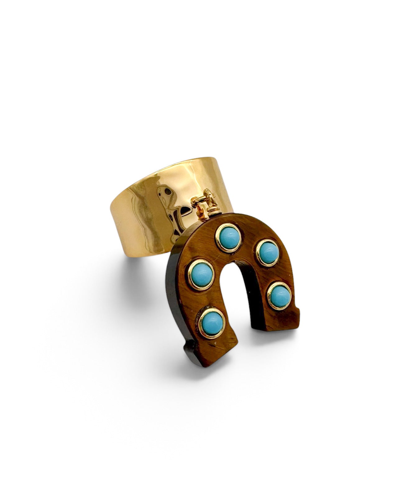 Tigers Eye Studded Turquoise Horseshoe Charm Ring