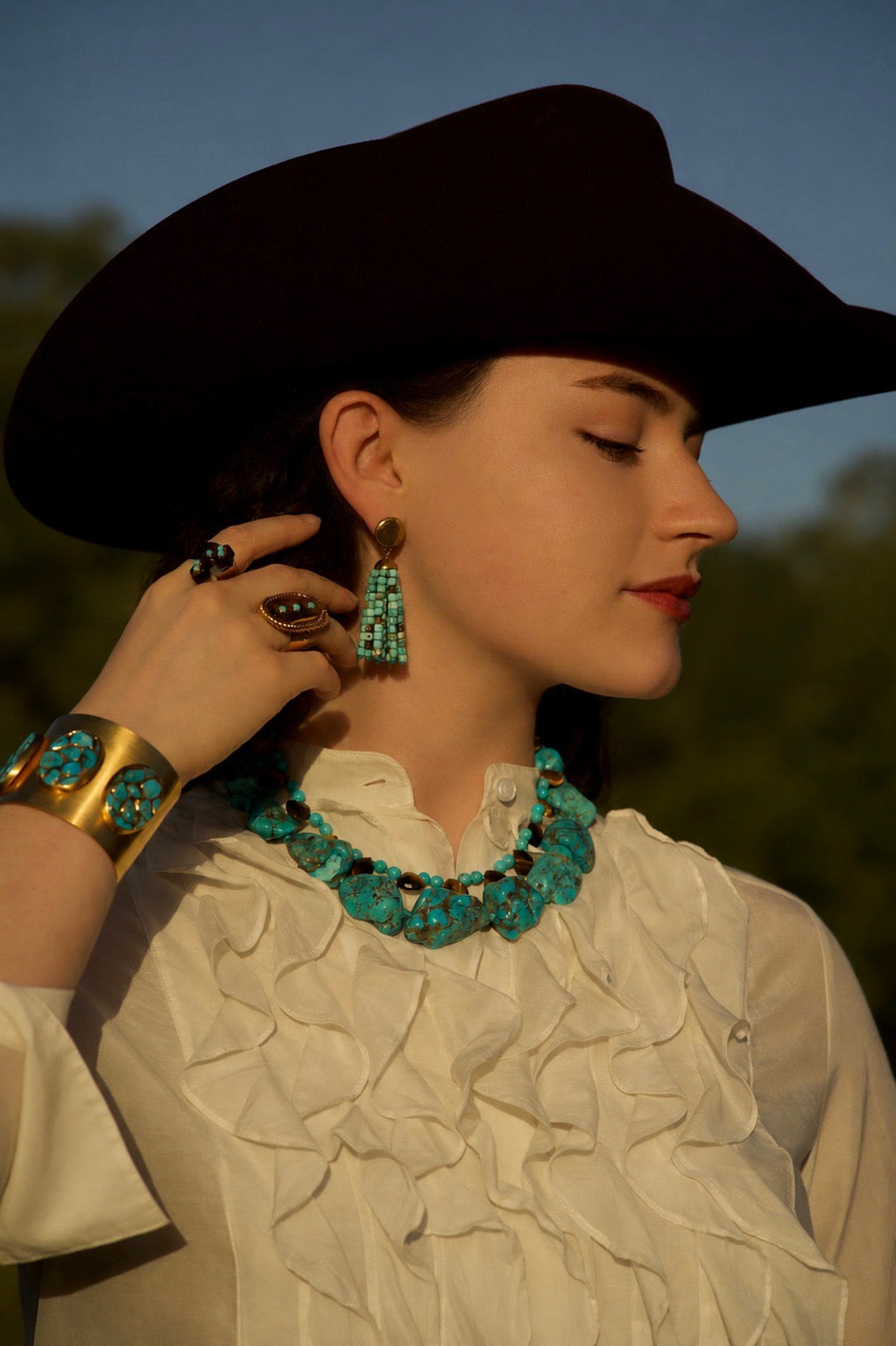 Hammered Brass Turquoise Tassel Earrings