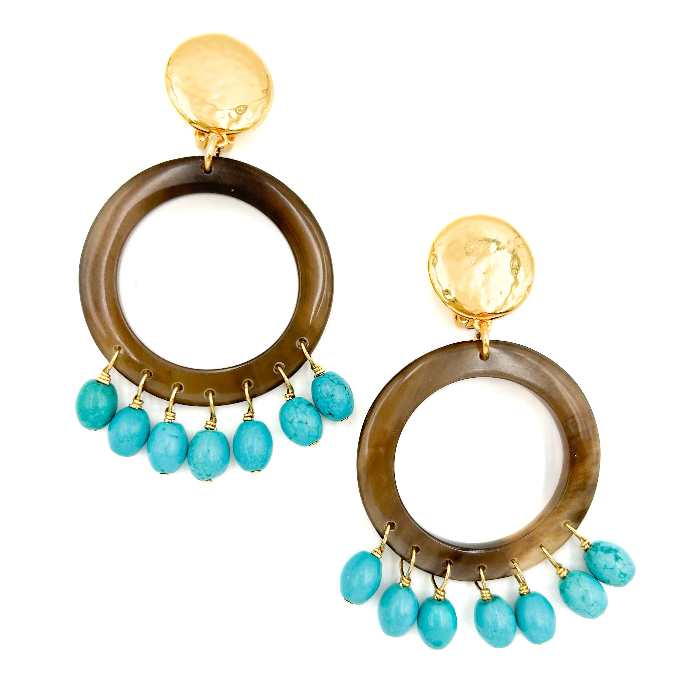 Horn Circle Jasper Drop Clip Back Earrings