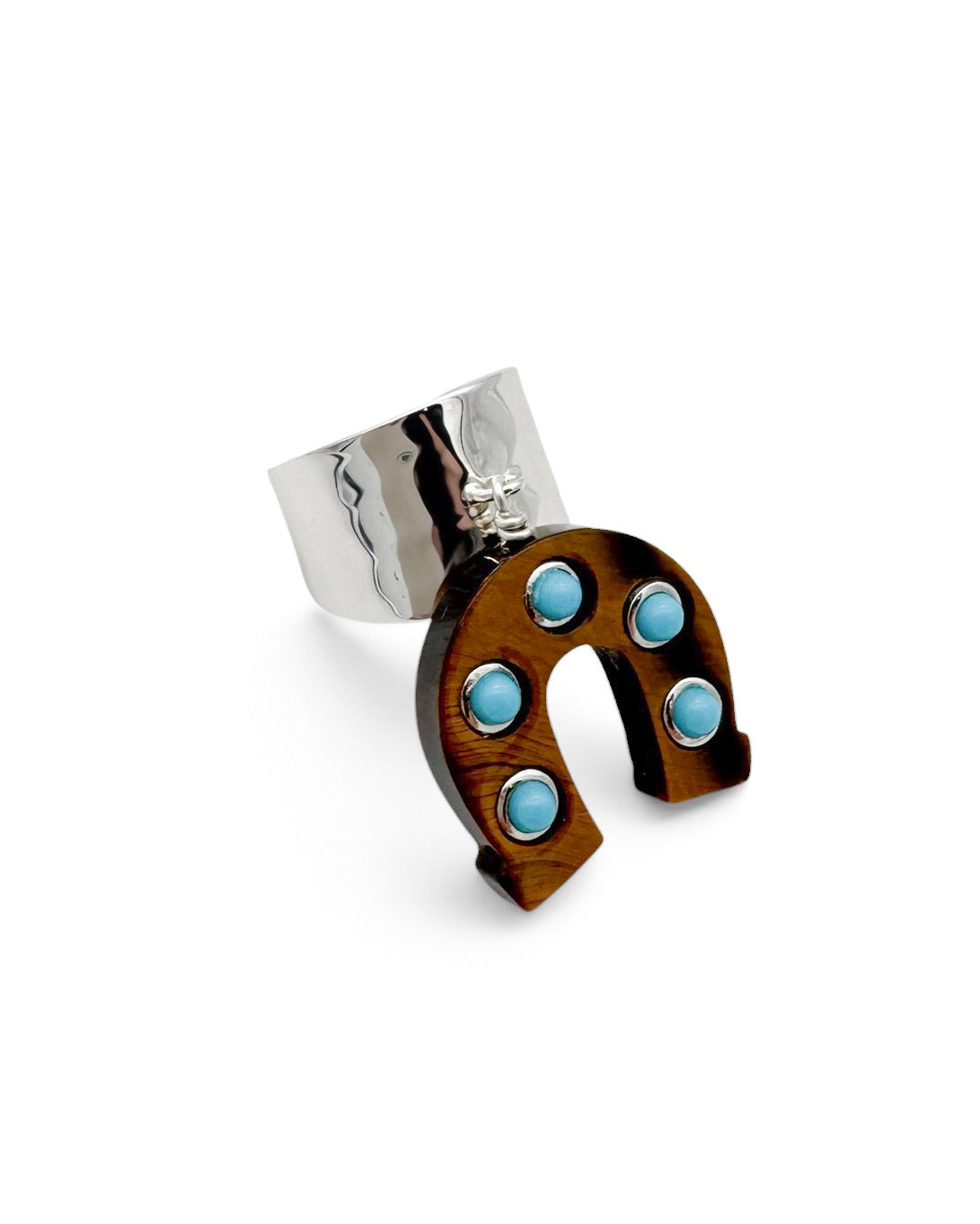 Silver Tigers Eye Studded Turquoise Horseshoe Charm Ring