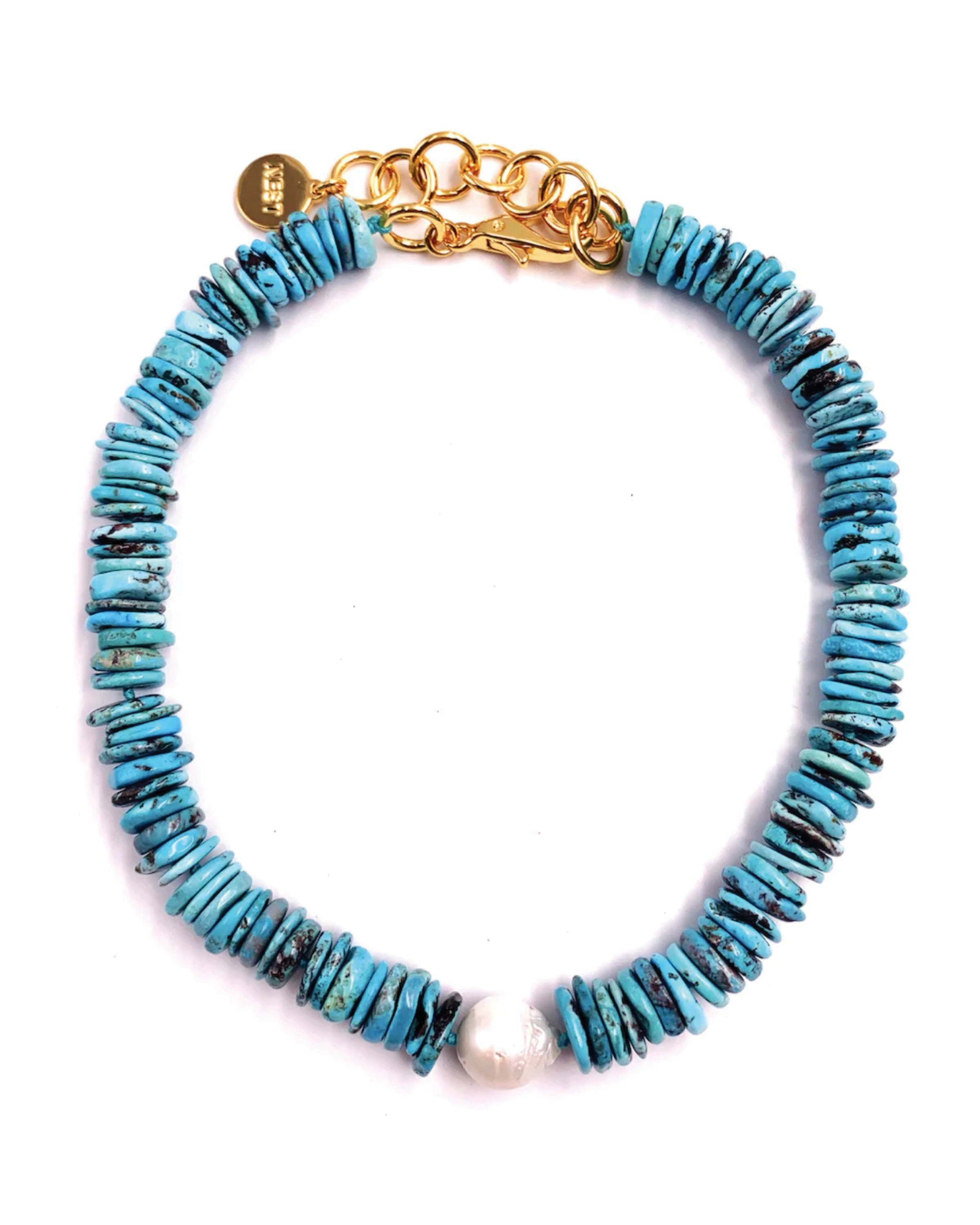 Blue Turquoise Heishi & Pearl Bead Short Necklace