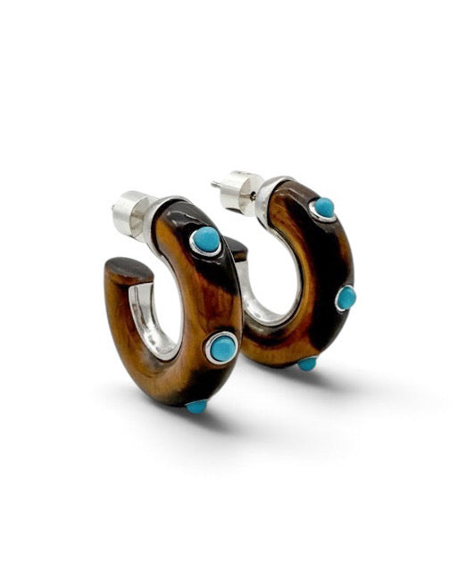 Silver Tigers Eye Turquoise Studded Hoops