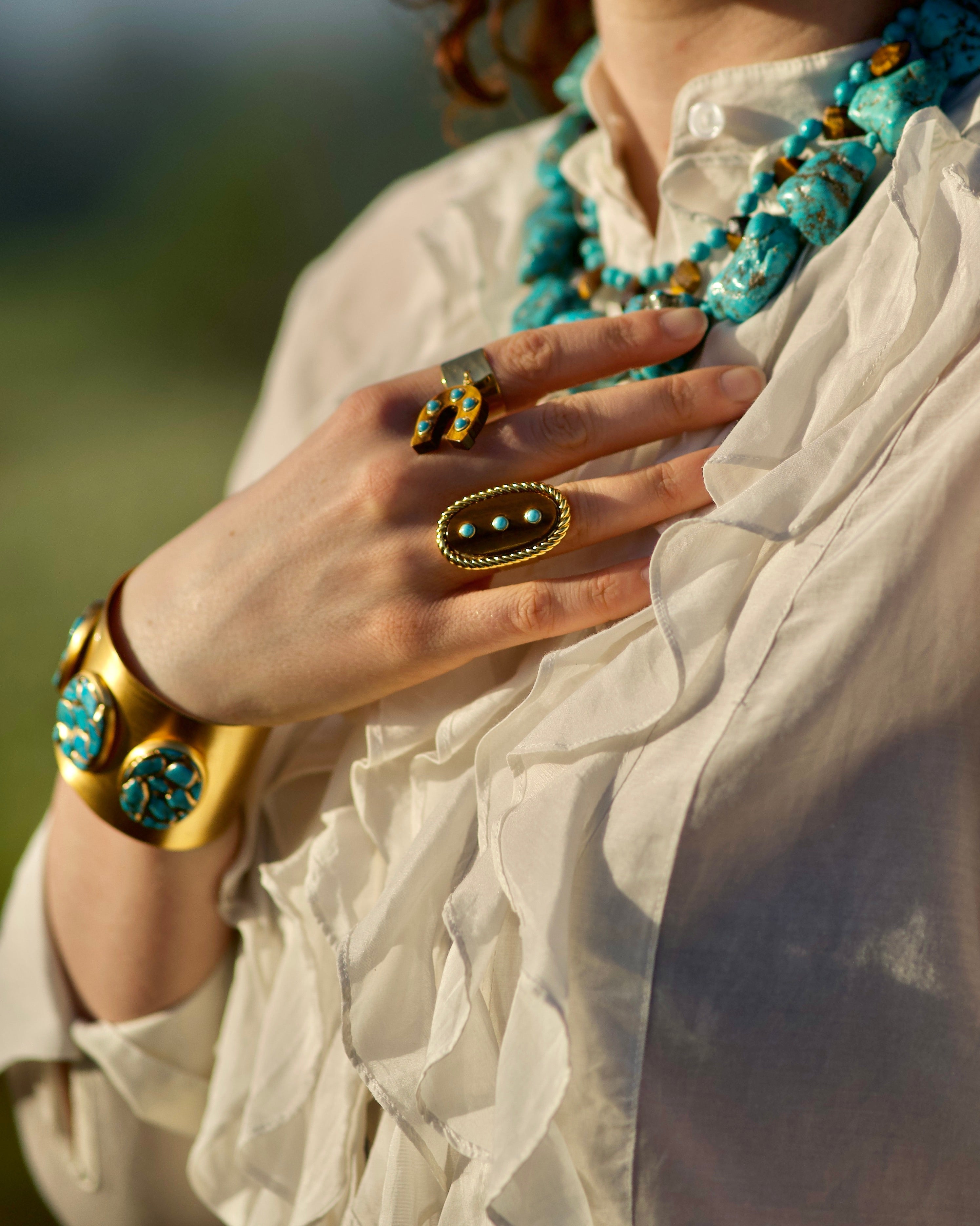 Tigers Eye Turquoise Stud Cowboy Rope Ring