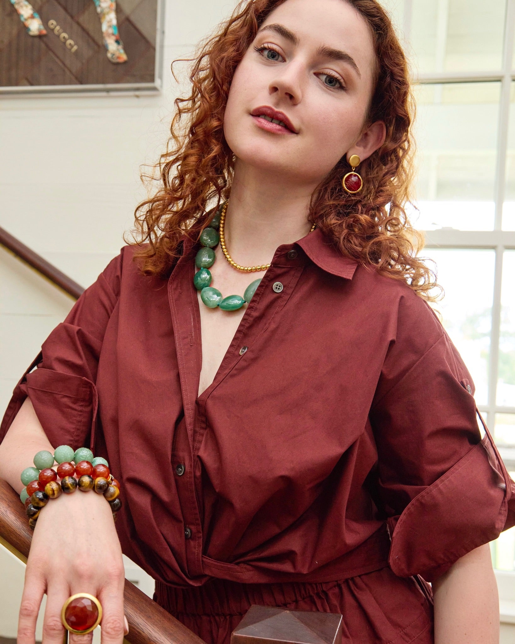 Carved Jade Statement Stretch Bracelet