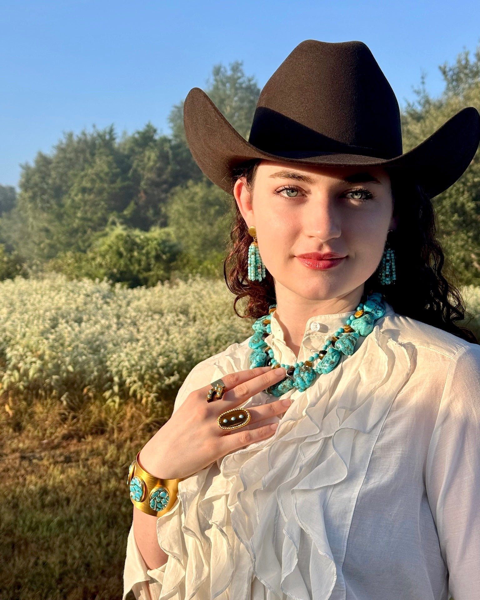 Hammered Brass Turquoise Tassel Earrings
