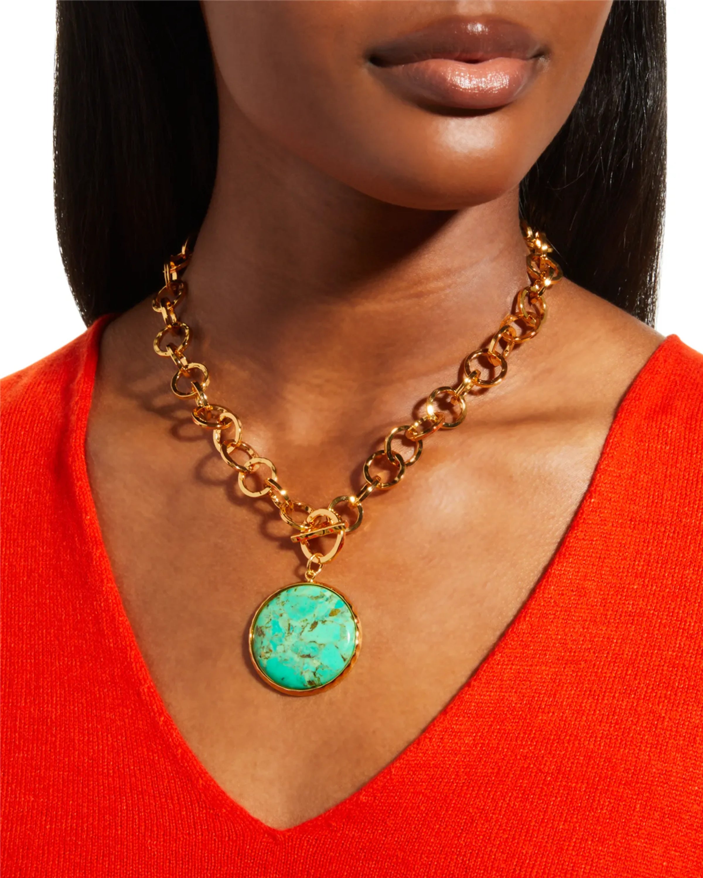 Hammered Gold Link Green Turquoise Bezel Necklace
