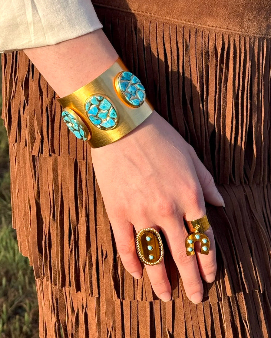 Tigers Eye Studded Turquoise Horseshoe Charm Ring