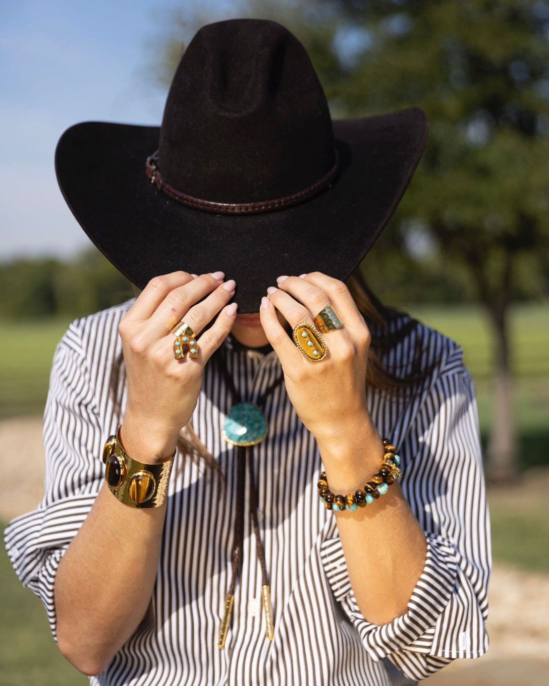 Tigers Eye Studded Turquoise Horseshoe Charm Ring