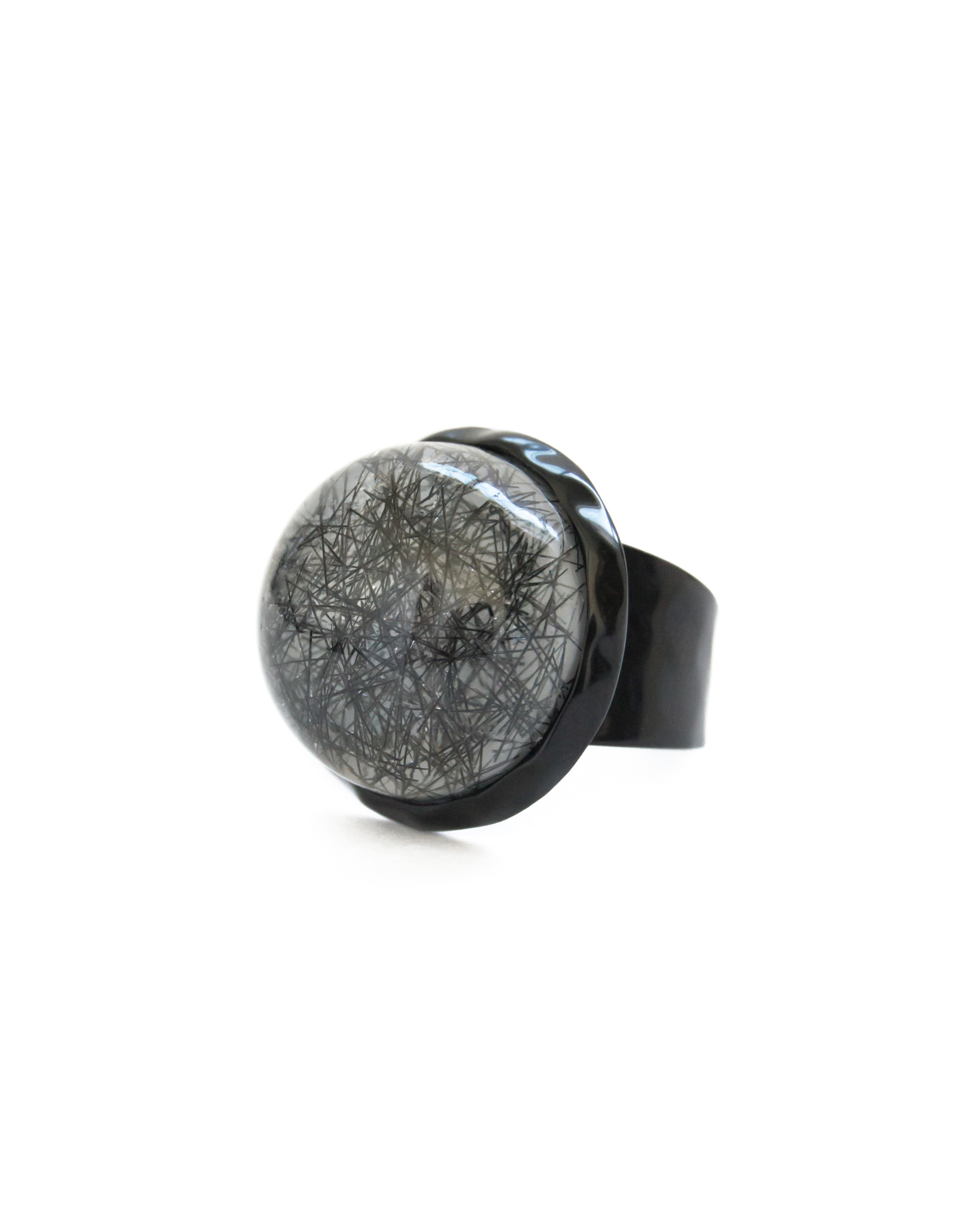 Tourmalinated Quartz Black Adjustable Ring