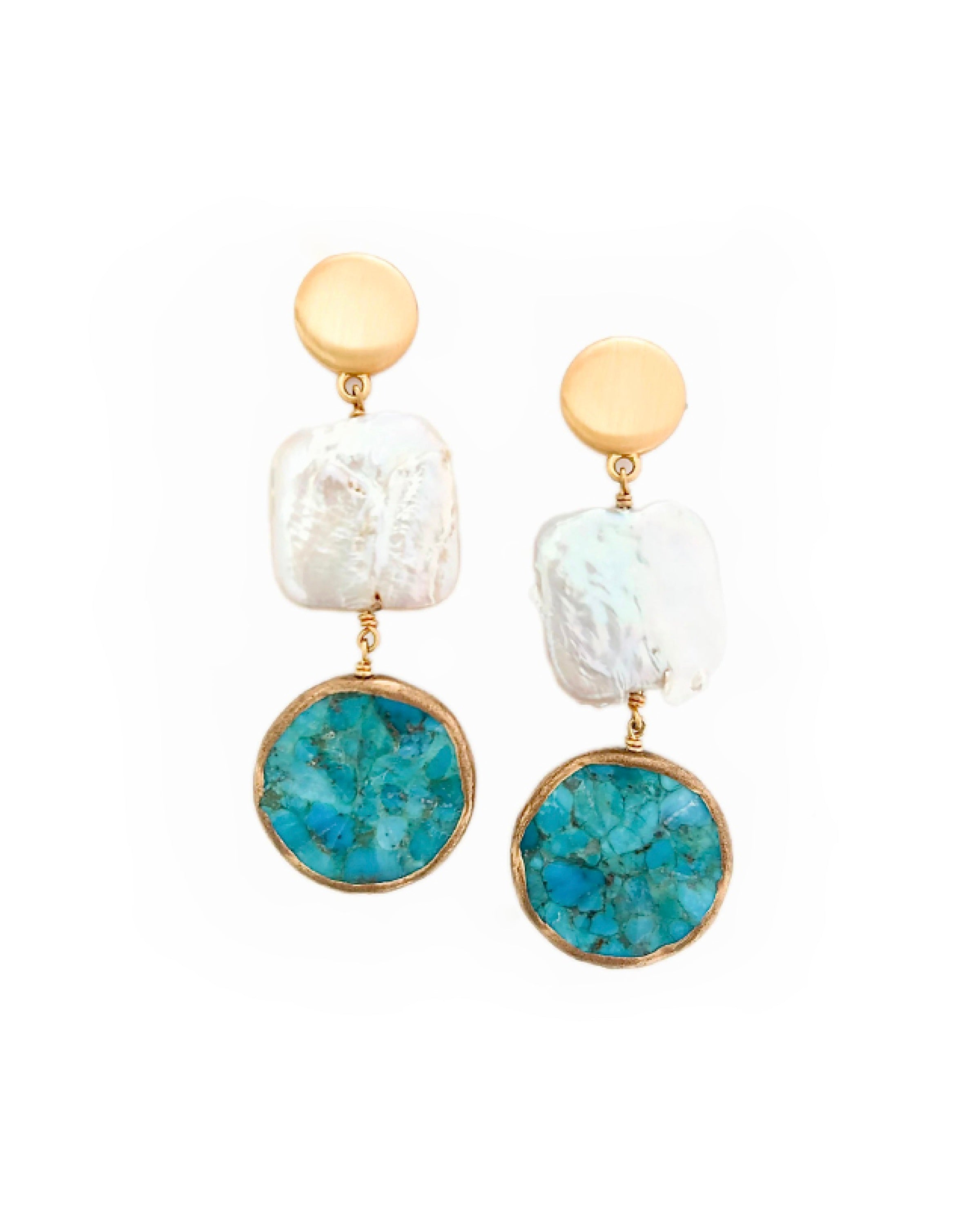 Turquoise Wave & Pearl Drop Earrings