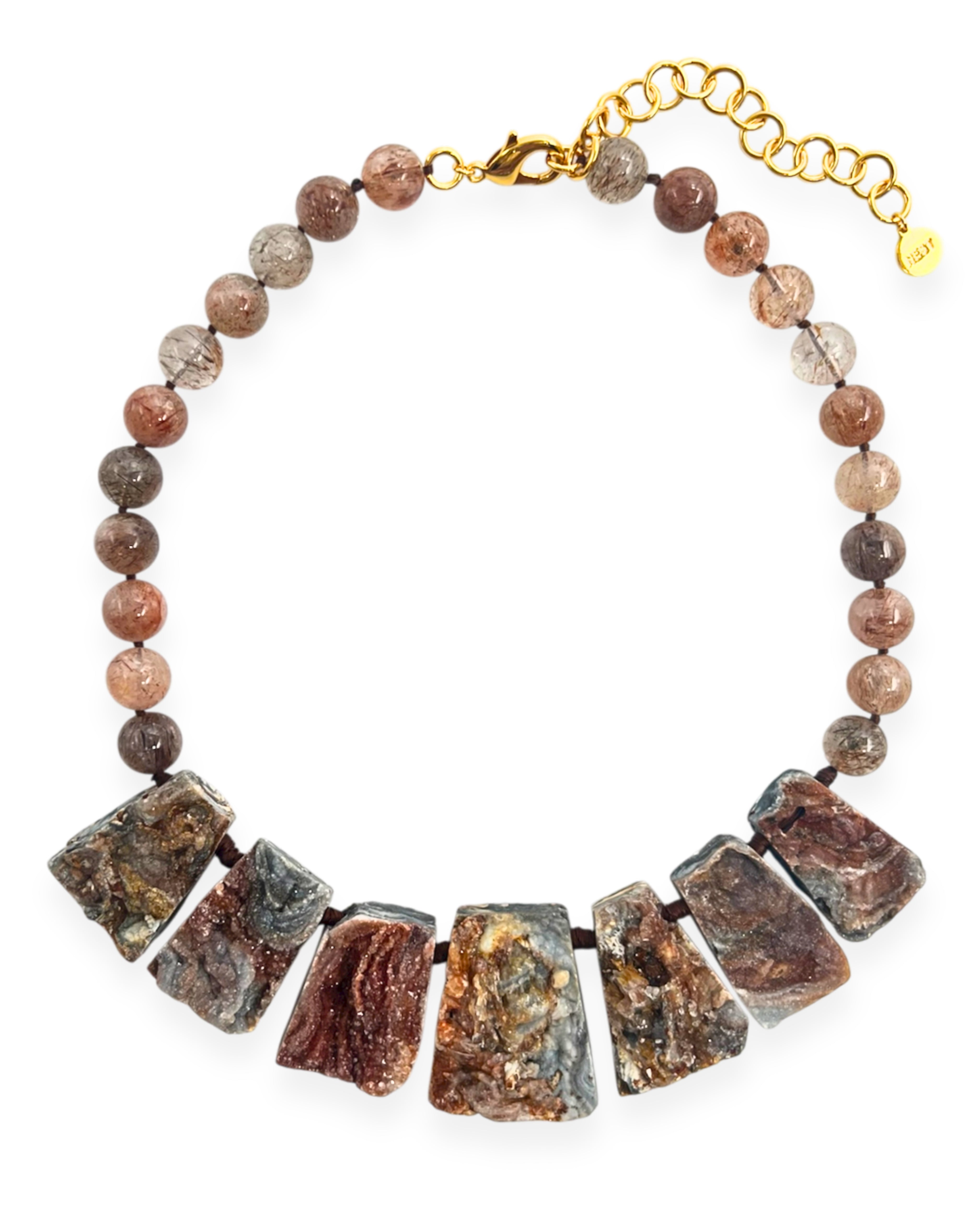 Rutilated Quartz and Druzy Agate Statement Necklace