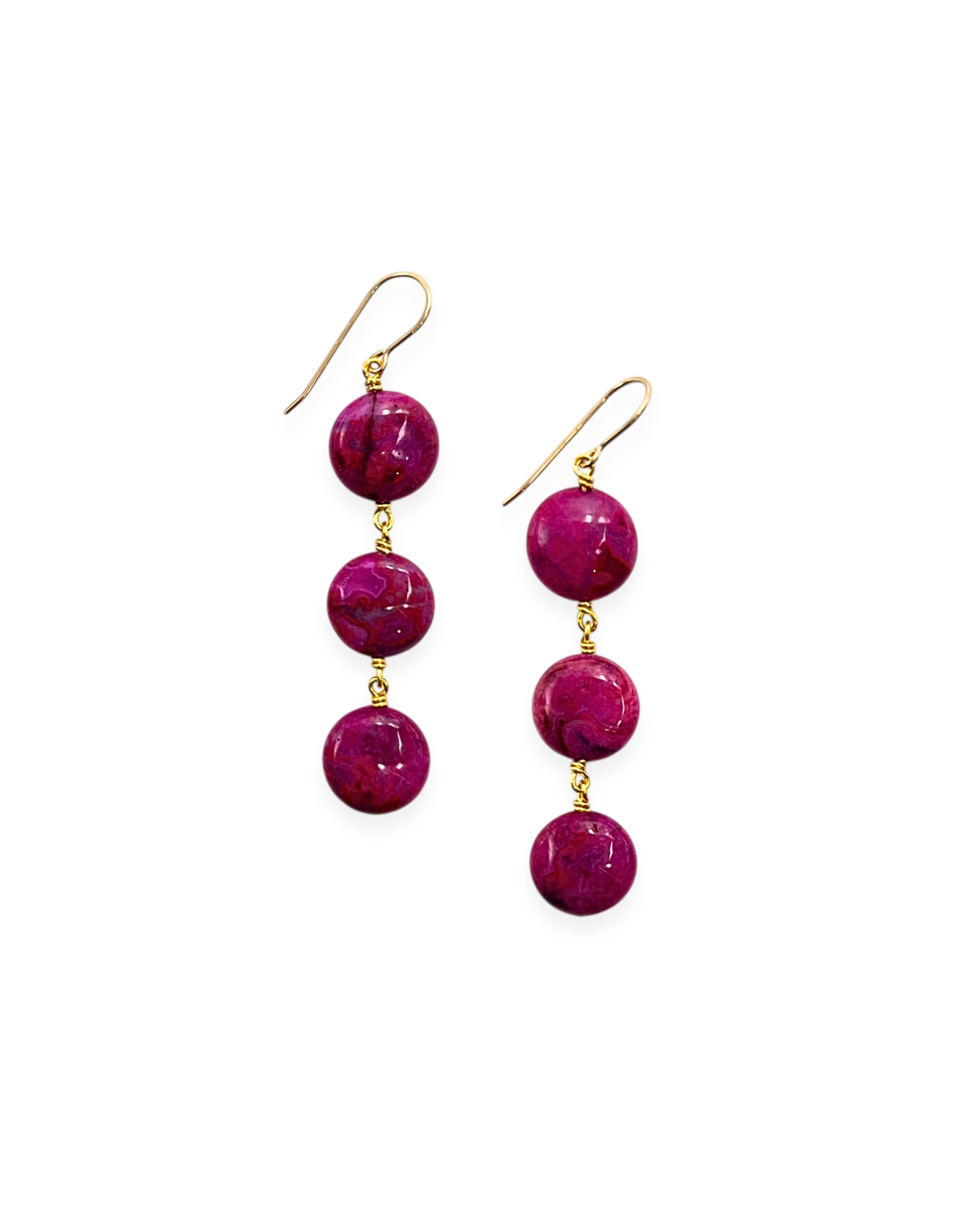 Magenta Agate Triple Drop Earrings