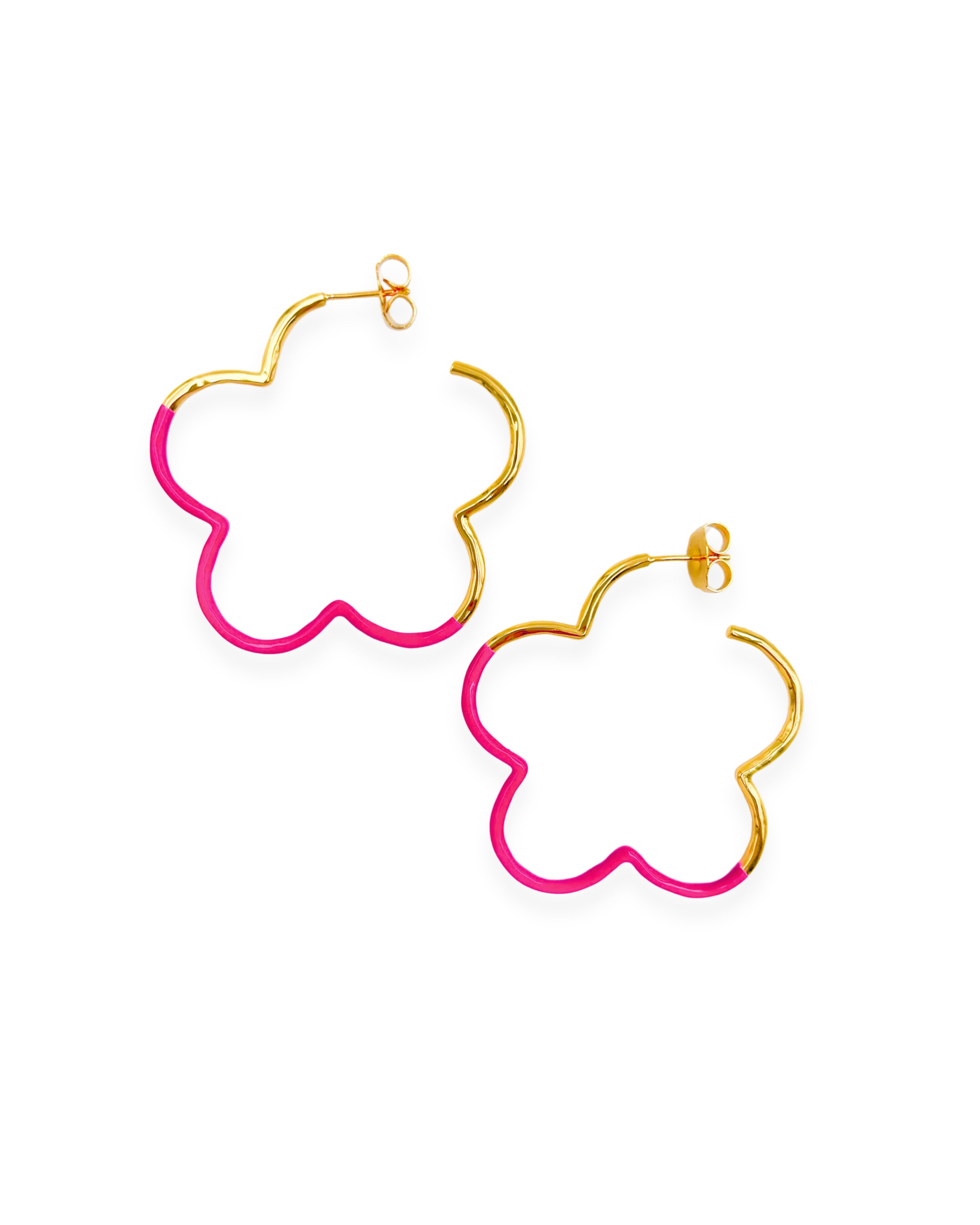 Hammered Skinny Flower Magenta Enamel Dip Hoops